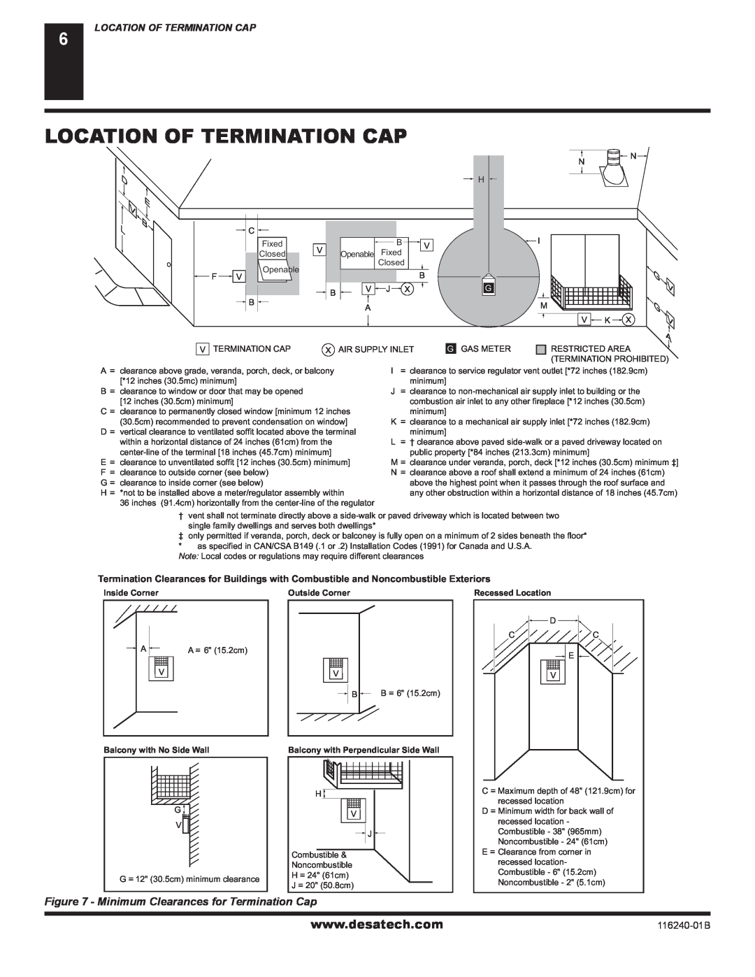 Desa (V)KC42NE SERIE Location Of Termination Cap, D E B L, Minimum Clearances for Termination Cap, Inside Corner 