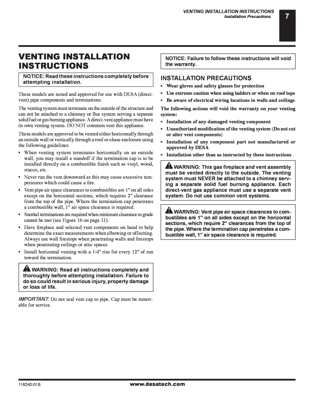 Desa (V)KC42NE SERIE installation manual Venting Installation Instructions, Installation Precautions 