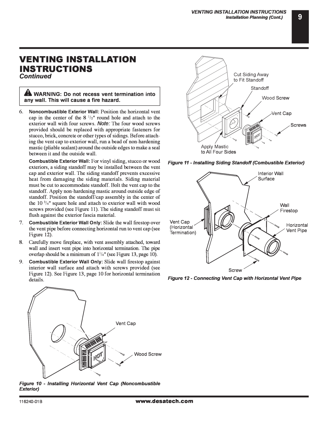 Desa (V)KC42NE SERIE installation manual Venting Installation Instructions, Continued 
