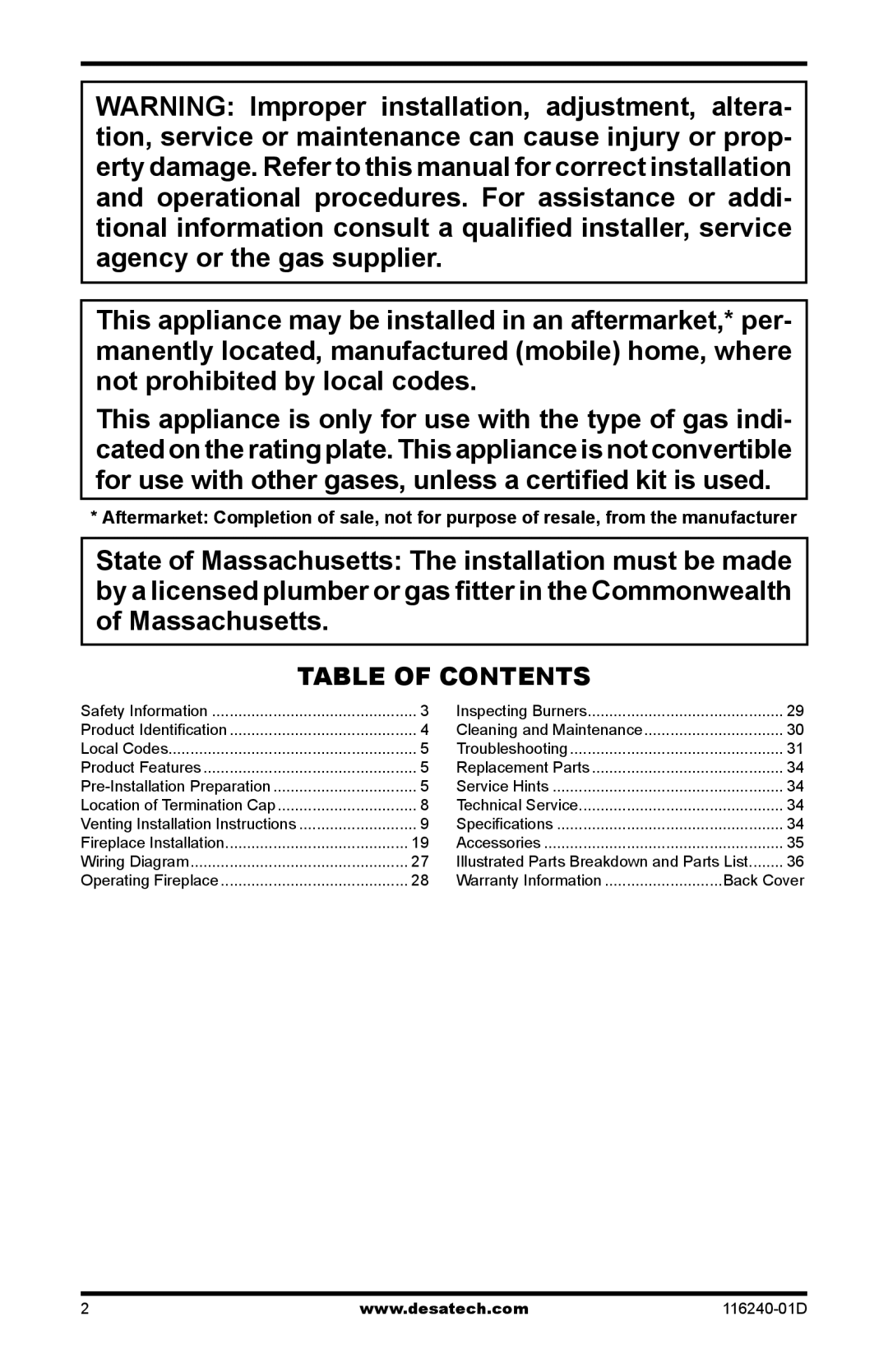 Desa (V)KC42NE Series, (V)KC42PE Series installation manual Table of Contents 