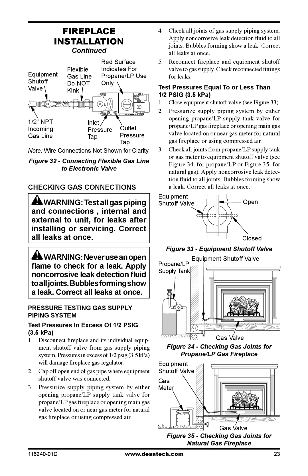 Desa (V)KC42NE Series, (V)KC42PE Series Checking GAS Connections, Test Pressures Equal To or Less Than Psig 3.5 kPa 