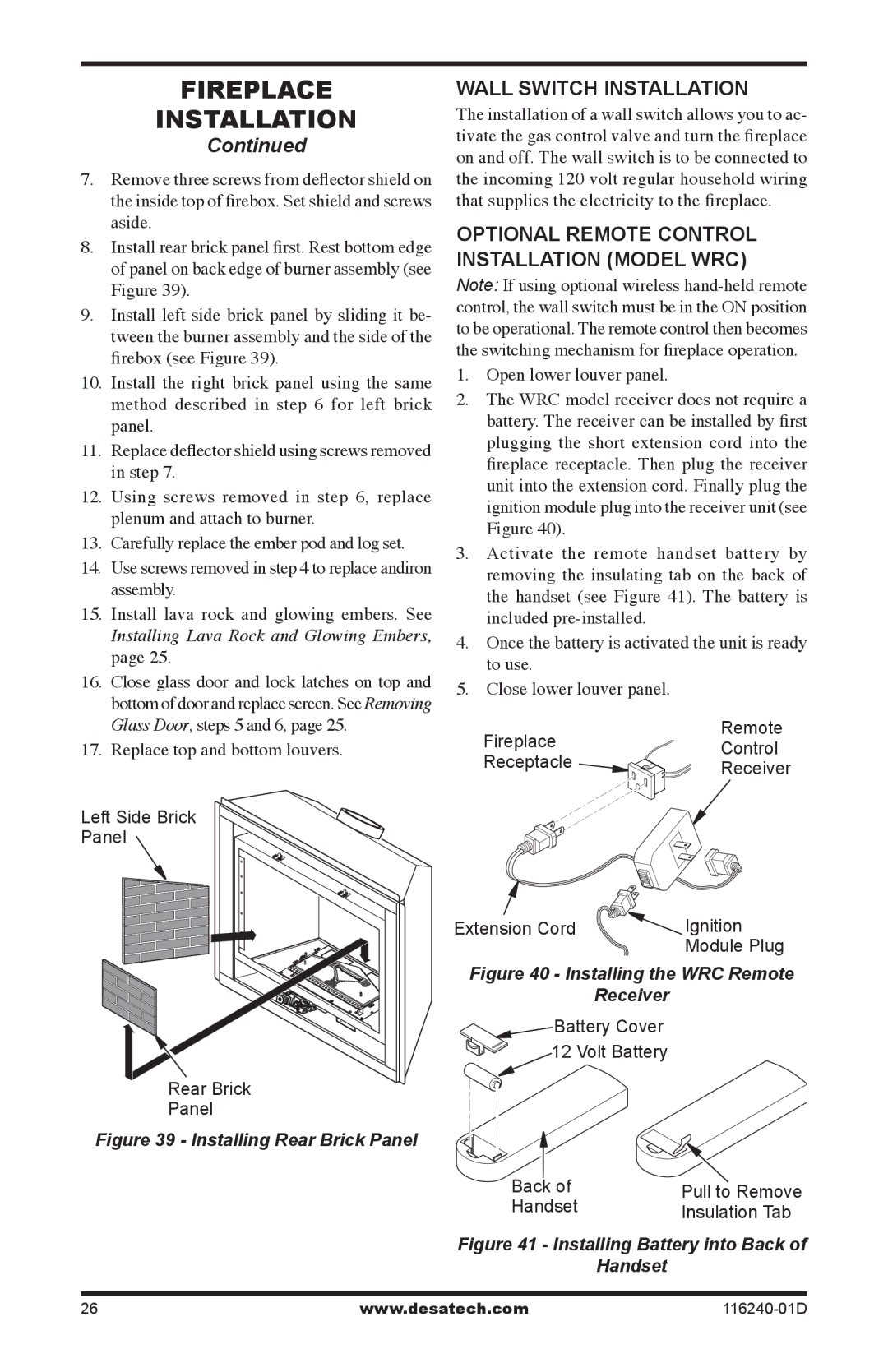 Desa (V)KC42NE Series, (V)KC42PE Series Wall Switch Installation, Optional Remote control Installation model WRC 