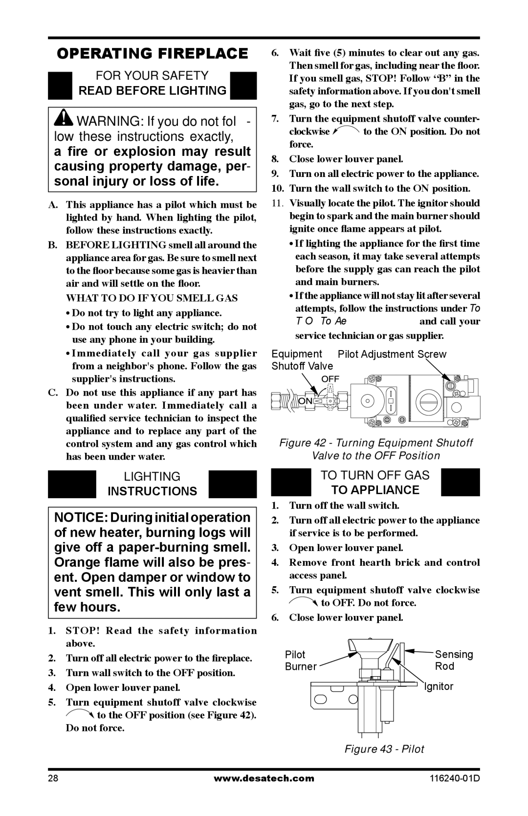 Desa (V)KC42NE Series, (V)KC42PE Series Operating Fireplace, For your safety Read before lighting, Lighting Instructions 