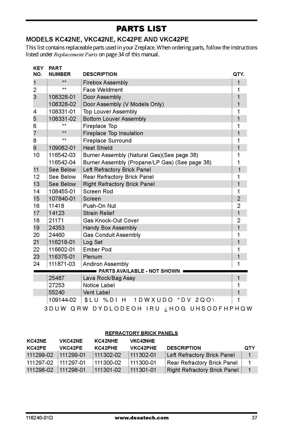 Desa (V)KC42NE Series, (V)KC42PE Series installation manual Parts List 