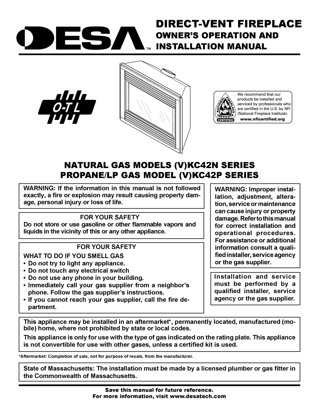 Desa (V)KC42N Series, (V)KC42P SERIES installation manual For Your Safety What to do if YOU Smell GAS 