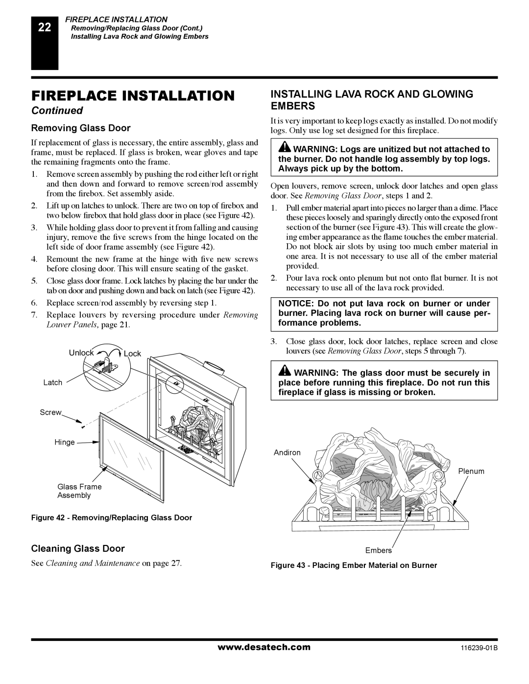 Desa (V)KC42P SERIES, (V)KC42N Series Installing Lava Rock and Glowing Embers, Removing Glass Door, Cleaning Glass Door 