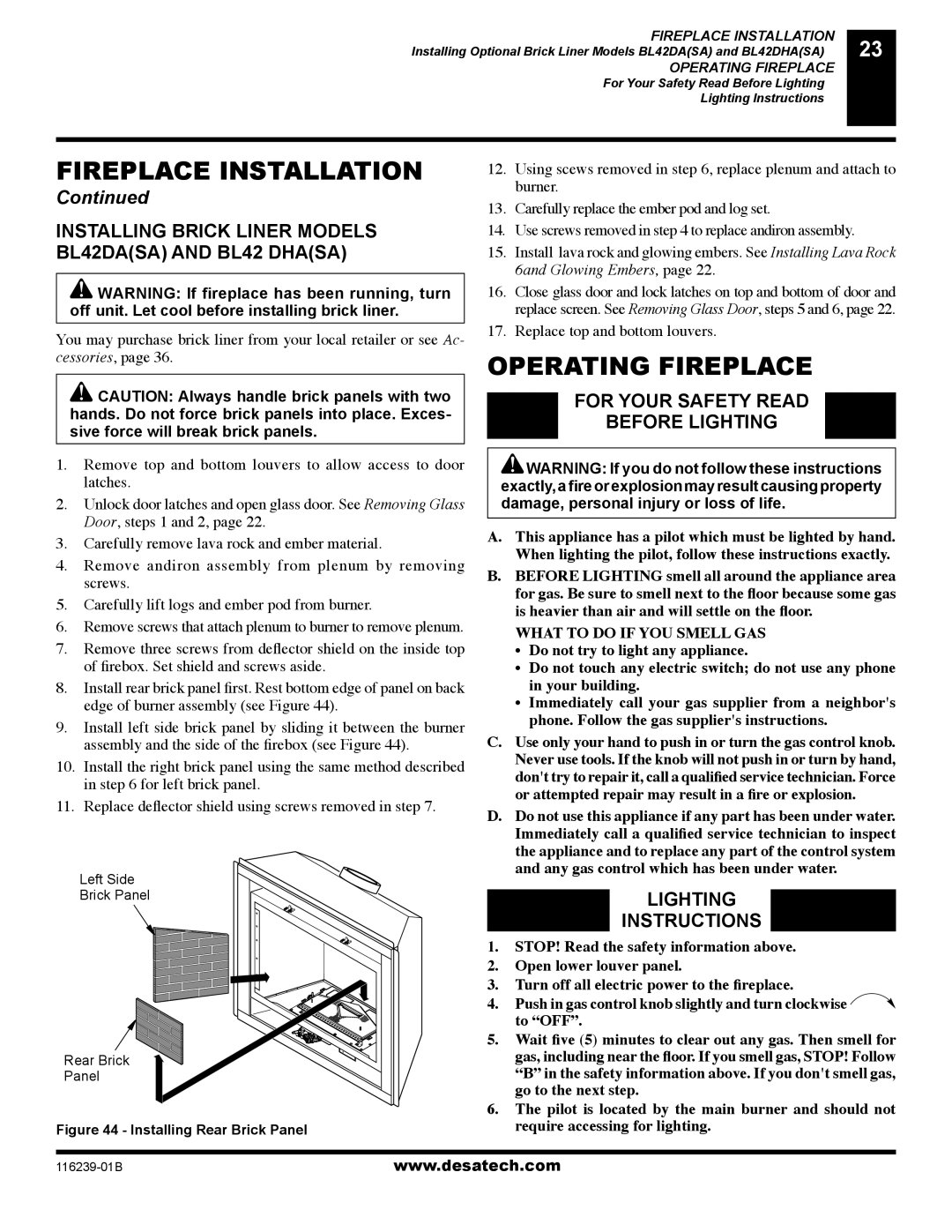 Desa (V)KC42N Series Operating Fireplace, Installing Brick Liner Models BL42DASA and BL42 Dhasa, Lighting Instructions 