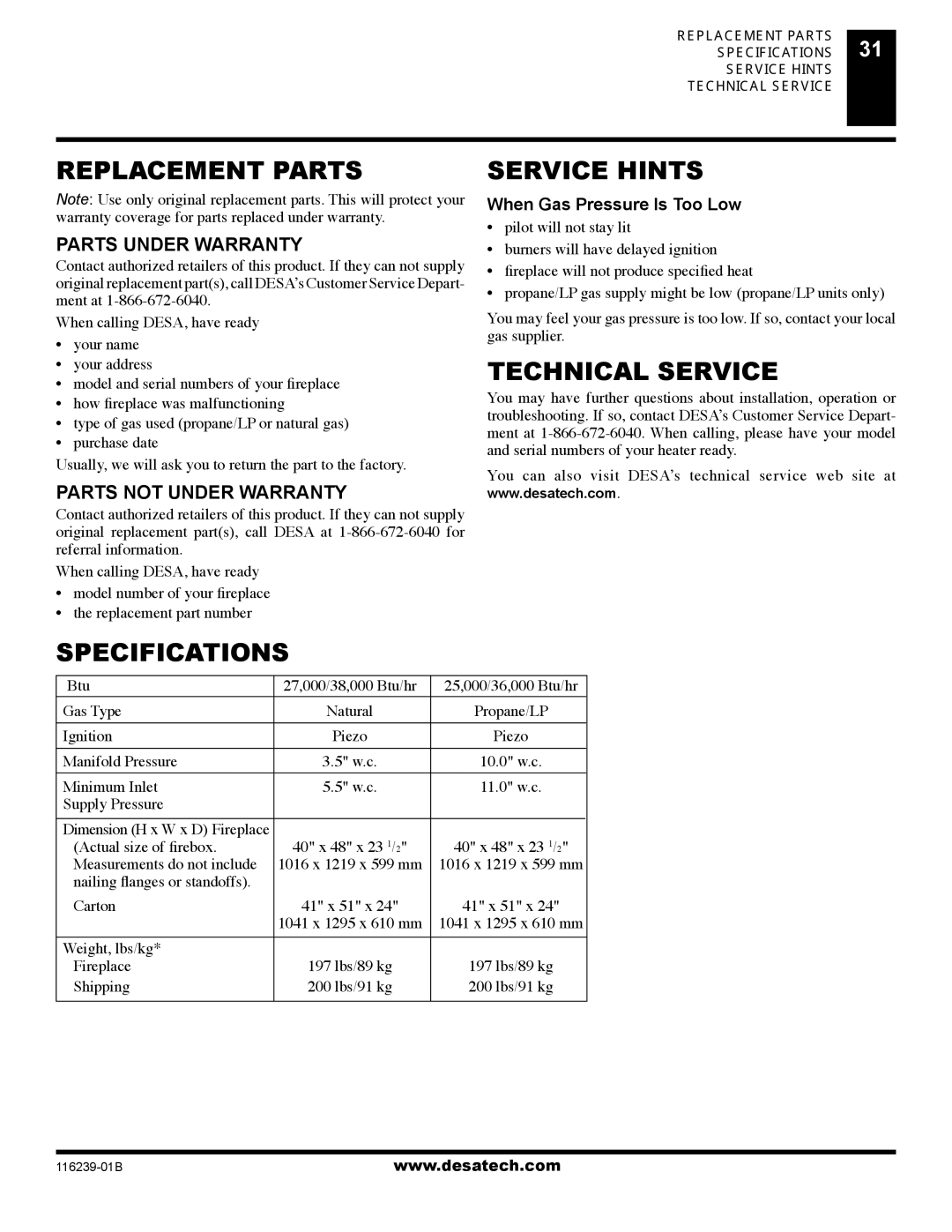 Desa (V)KC42N Series, (V)KC42P SERIES Replacement Parts, Service Hints, Technical Service, Specifications 