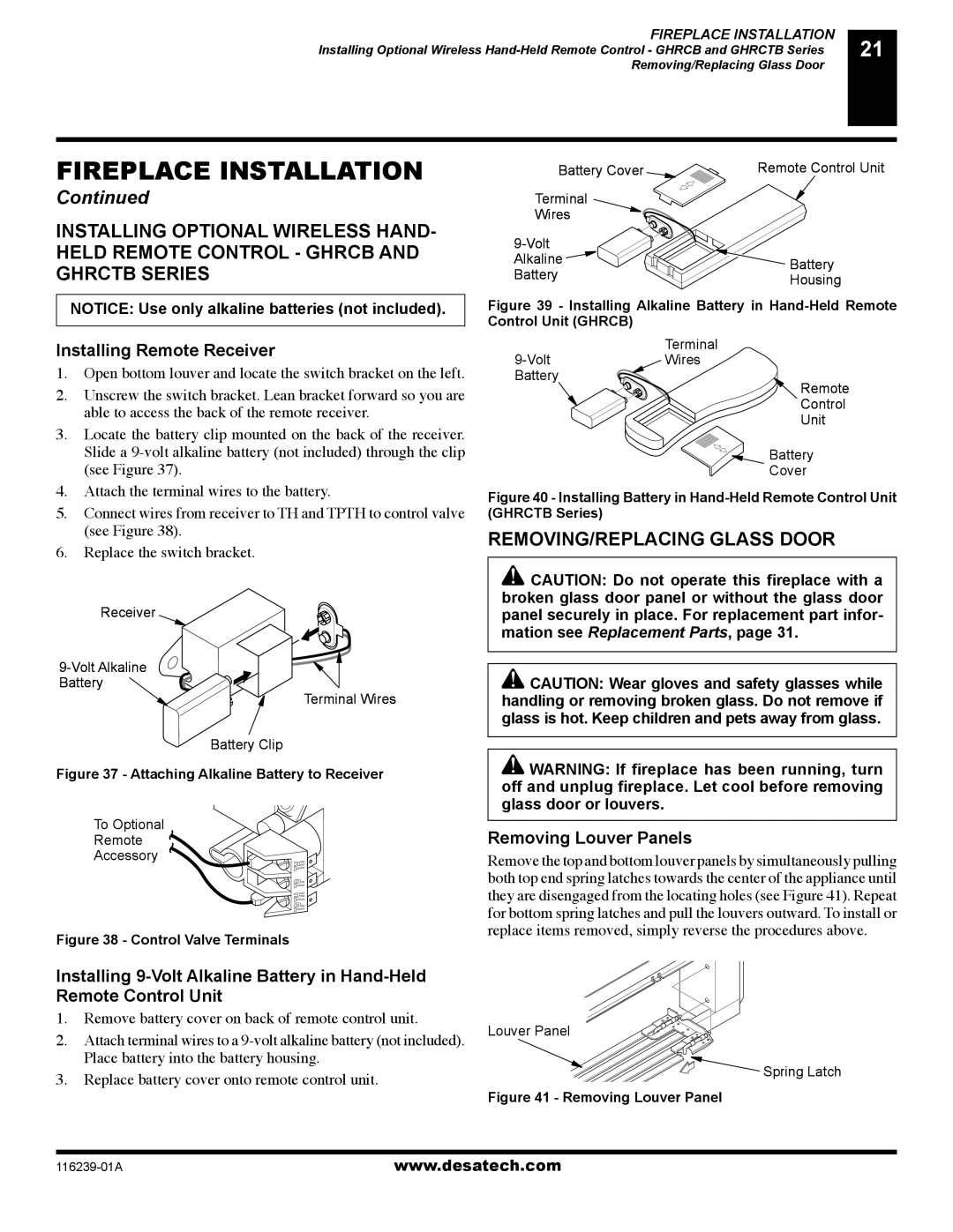 Desa (V)KC42N, (V)KC42P REMOVING/REPLACING Glass Door, Installing Remote Receiver, Removing Louver Panels 