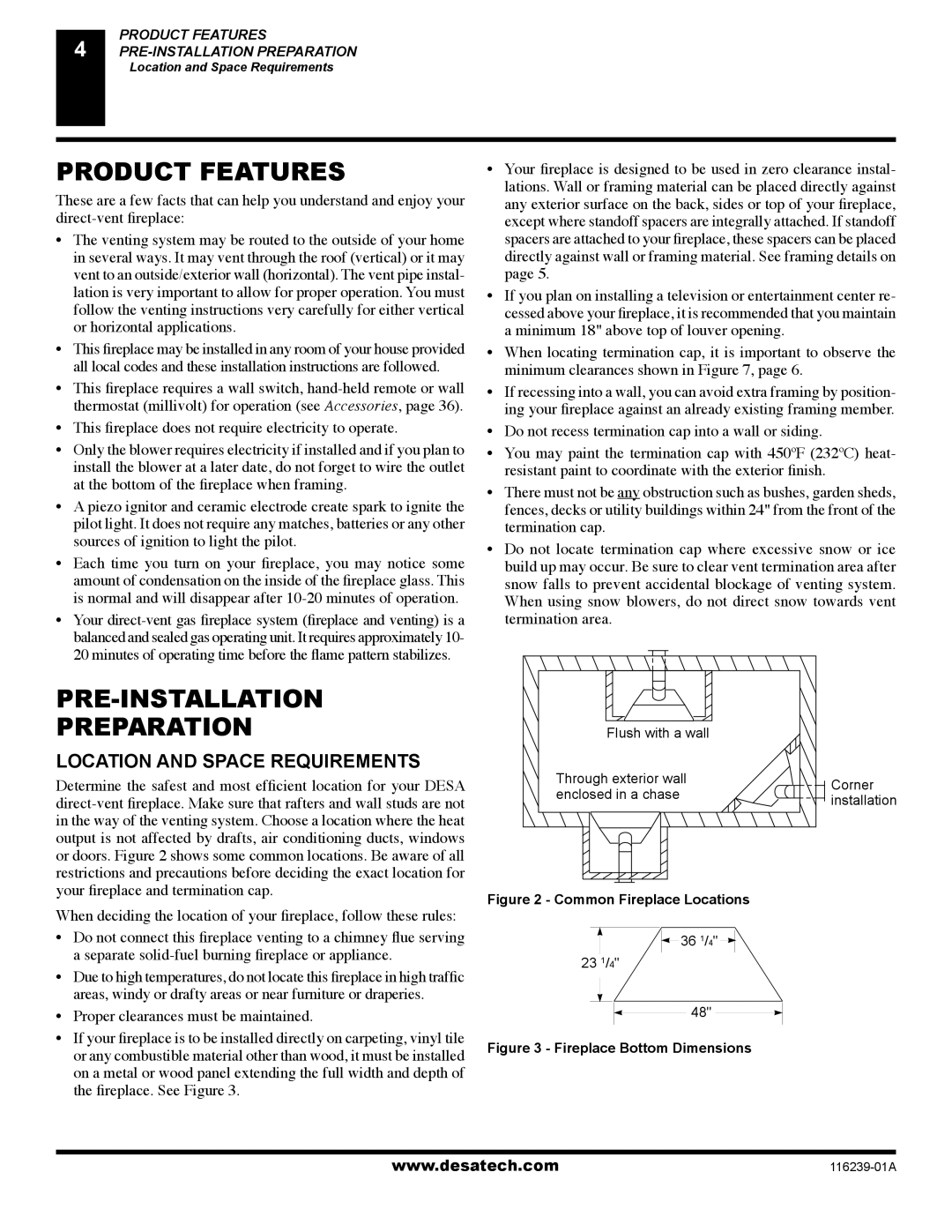 Desa (V)KC42P, (V)KC42N installation manual Product Features, PRE-INSTALLATION Preparation, Location and Space Requirements 