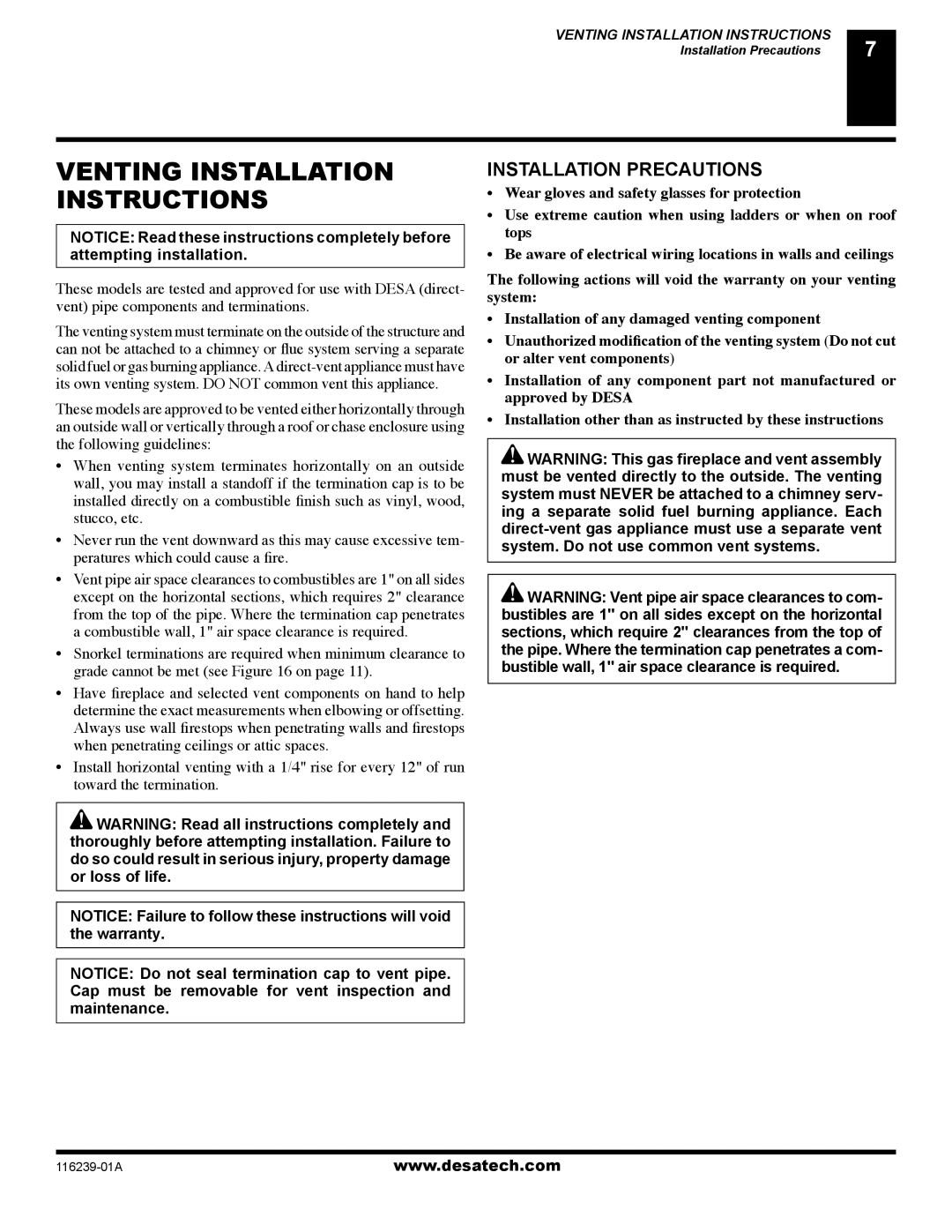 Desa (V)KC42N, (V)KC42P installation manual Venting Installation Instructions, Installation Precautions 