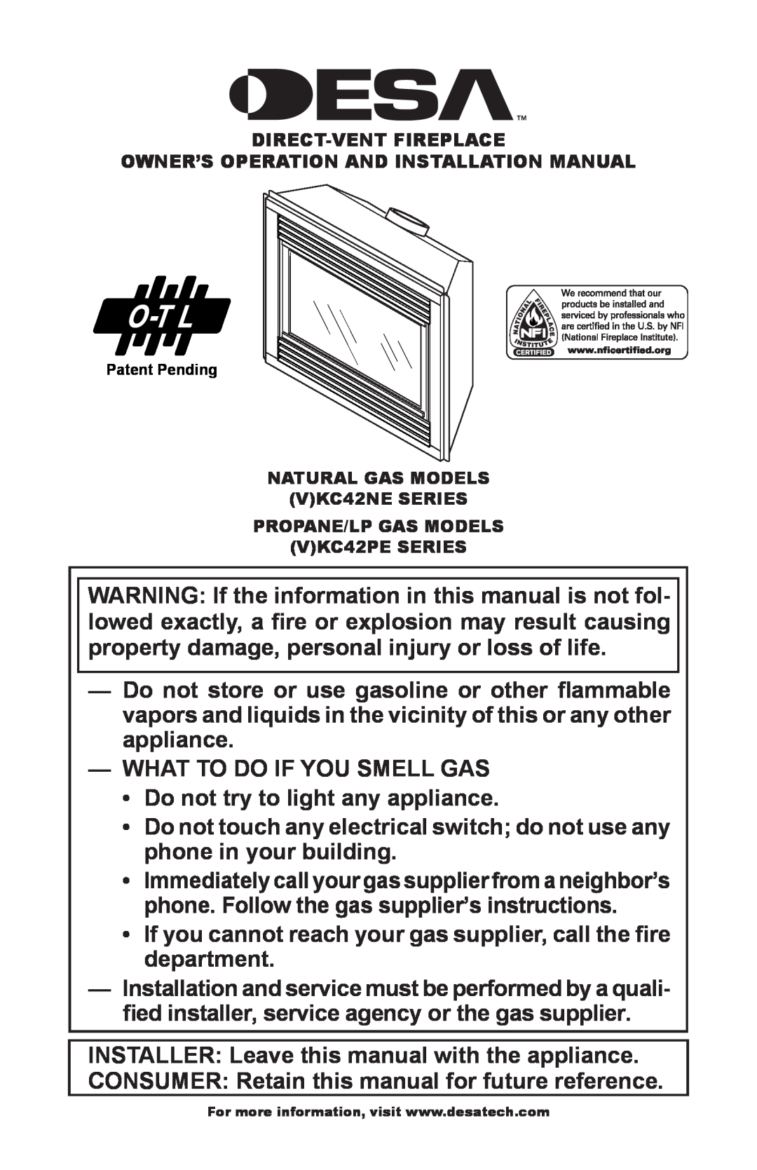 Desa (V)KC42PE installation manual What To Do If You Smell Gas 