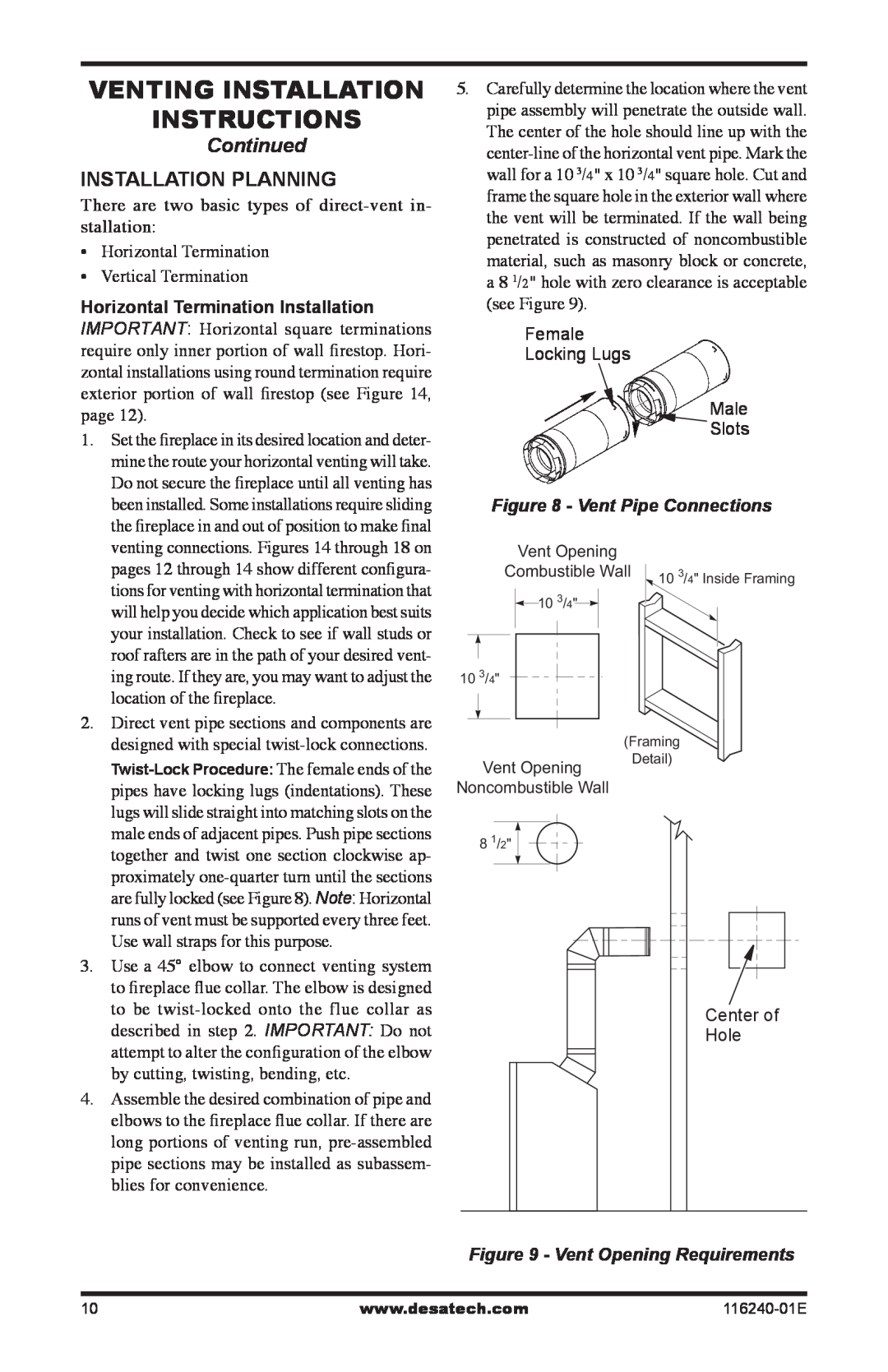 Desa (V)KC42PE Venting Installation instructions, Continued, Installation Planning, Vent Pipe Connections 