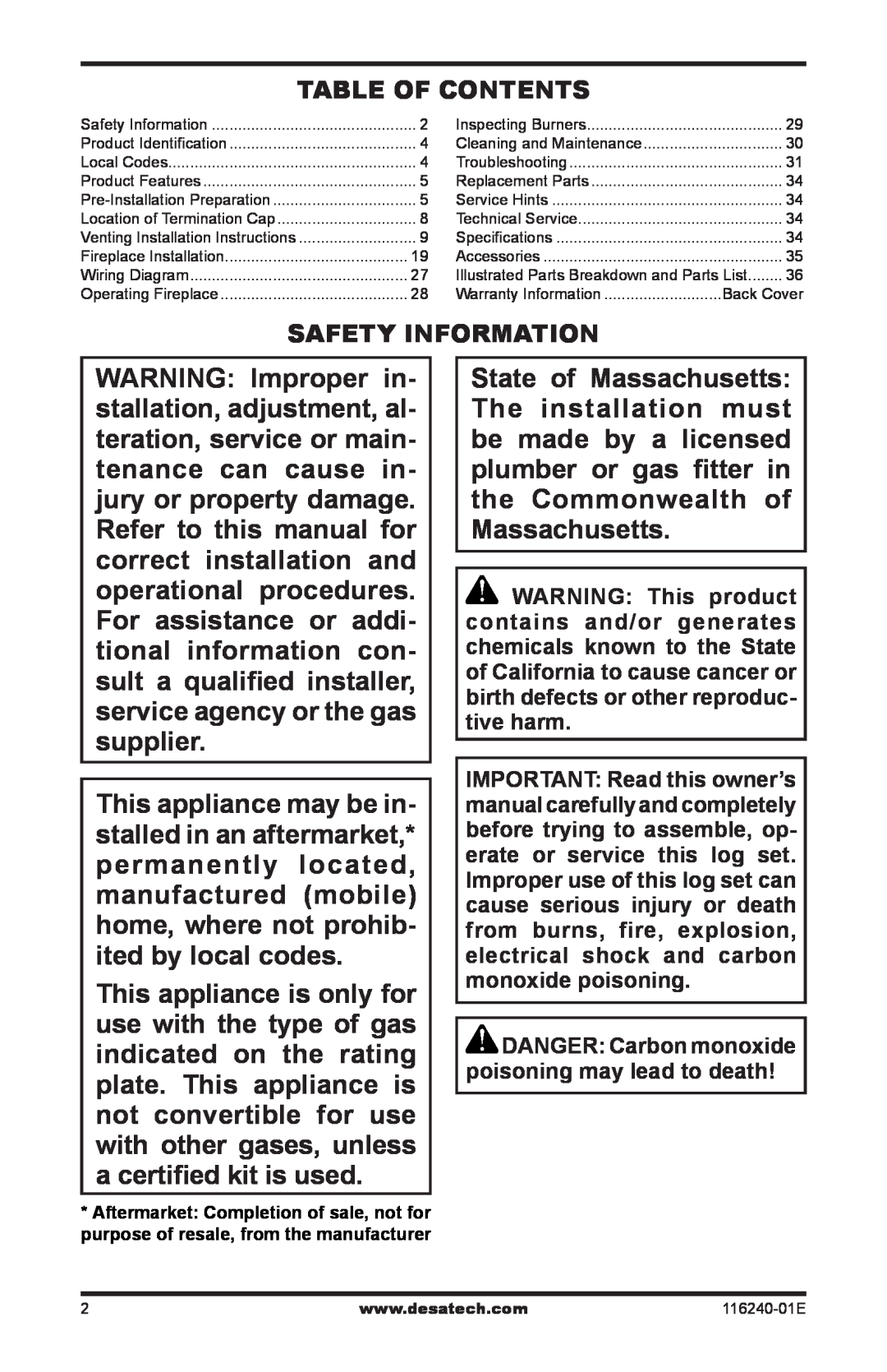 Desa (V)KC42PE Table of Contents, Safety Information, DANGER Carbon monoxide, poisoning may lead to death 