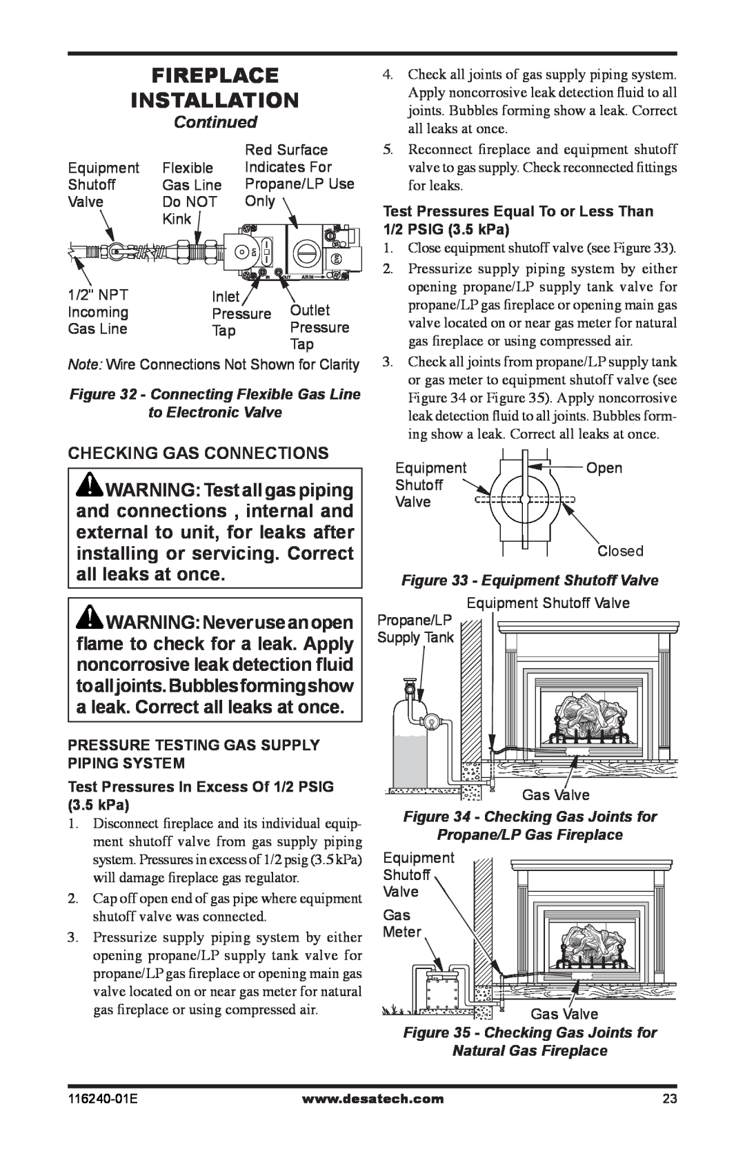 Desa (V)KC42PE installation manual Continued, Checking Gas Connections 