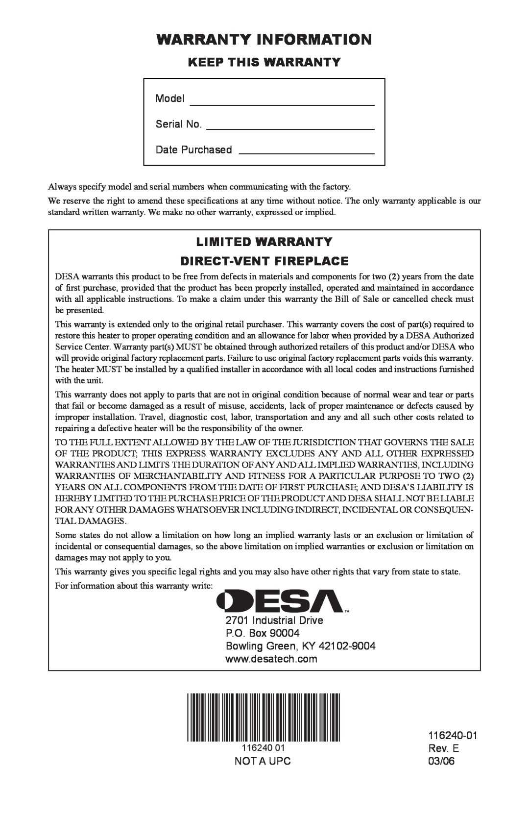 Desa (V)KC42PE installation manual Warranty Information, Keep This Warranty, Limited Warranty Direct-Ventfireplace 