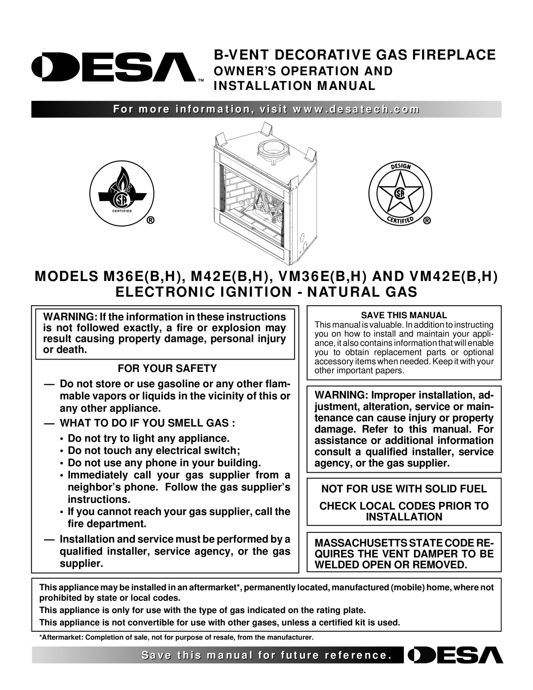 Desa M42E(B, VM36E(B installation manual Vent Decorative GAS Fireplace, Electronic Ignition Natural GAS, For Your Safety 