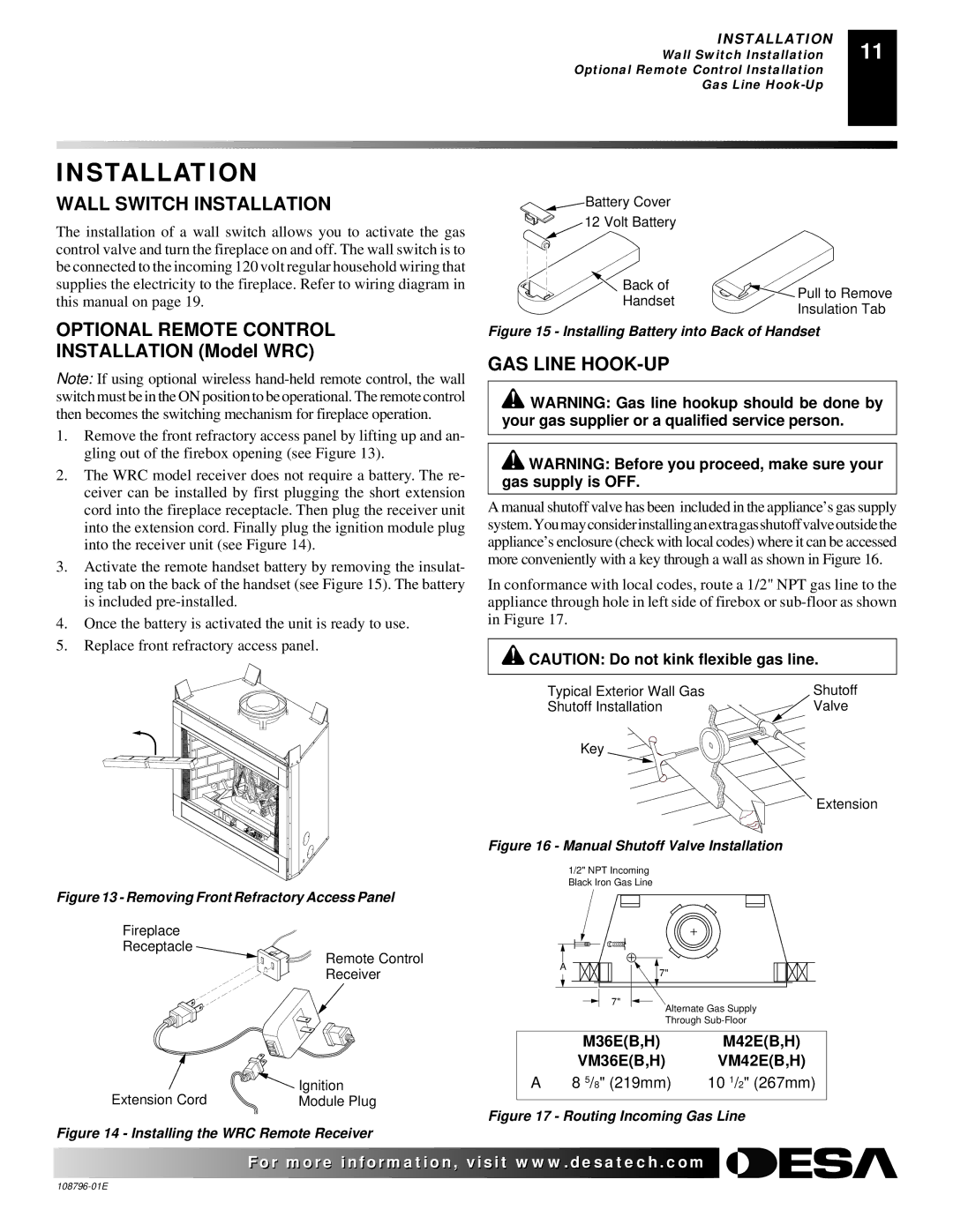 Desa VM36E(B, VM42E(B installation manual Wall Switch Installation, Optional Remote Control, GAS Line HOOK-UP 