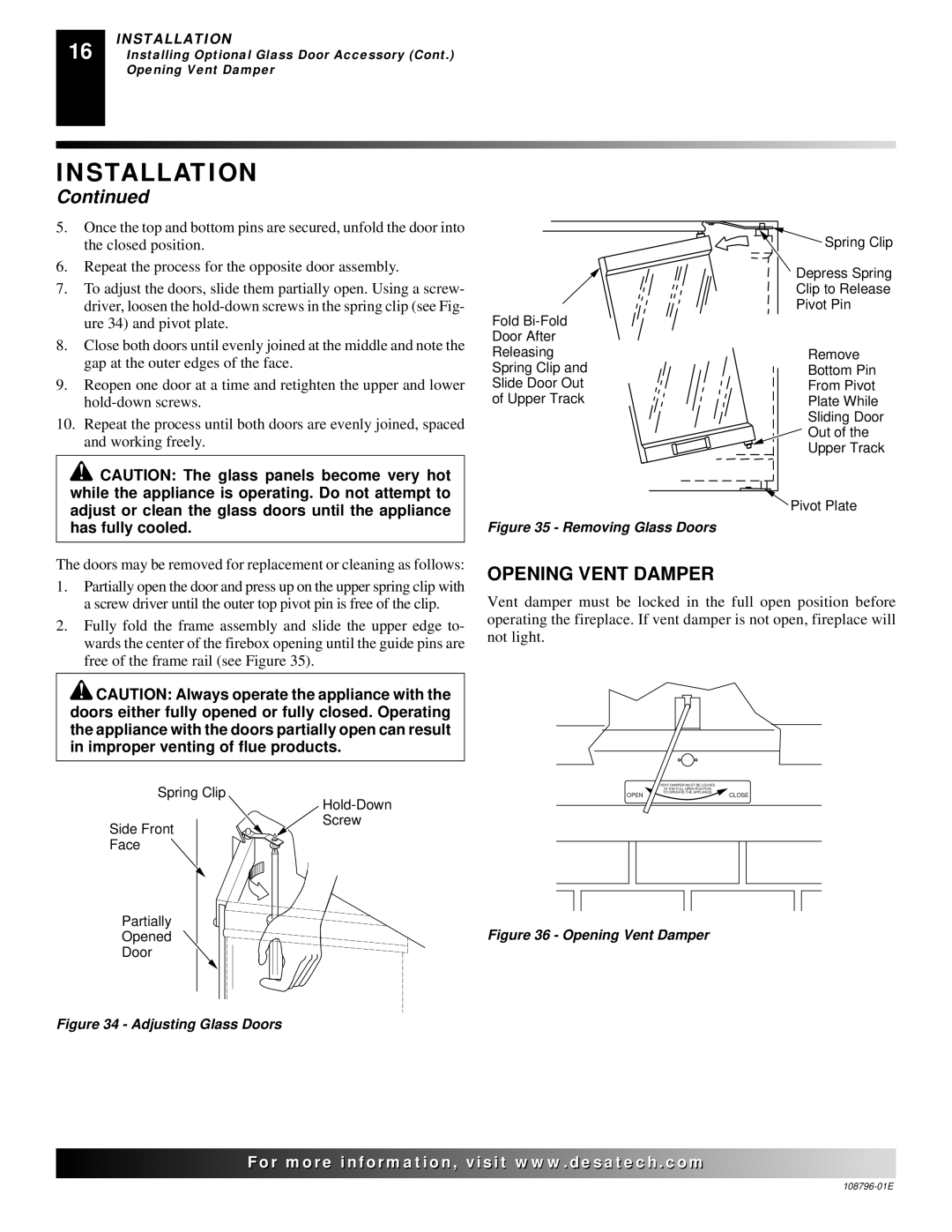 Desa VM36E(B, VM42E(B installation manual Opening Vent Damper, Side Front Face Partially Opened Door Hold-Down Screw 