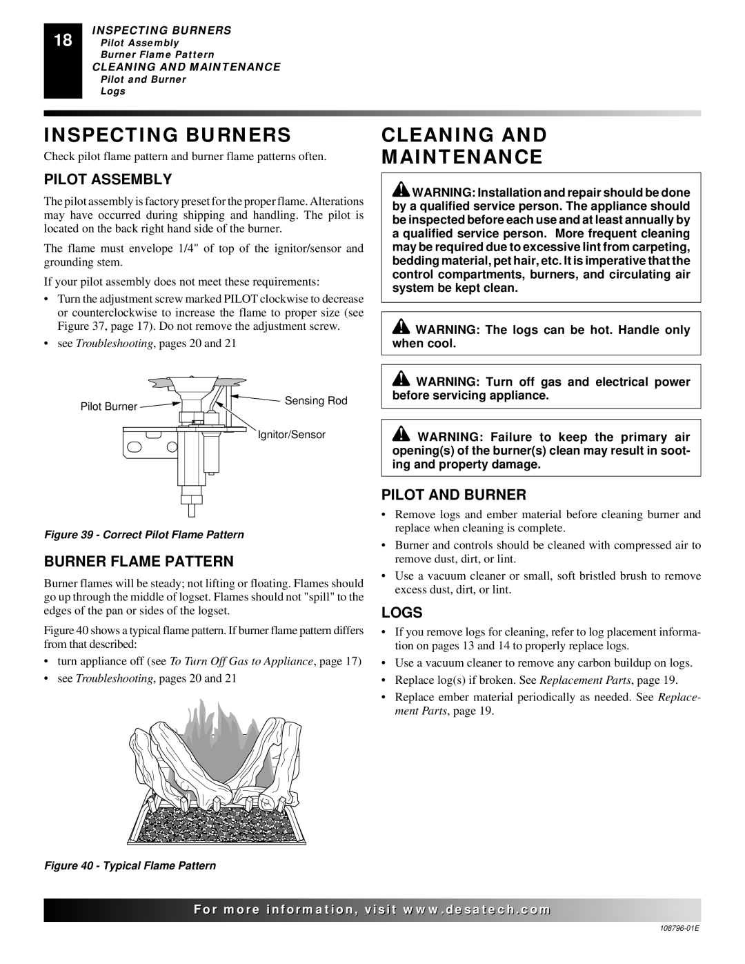 Desa VM42E(B, VM36E(B installation manual Inspecting Burners, Cleaning Maintenance 