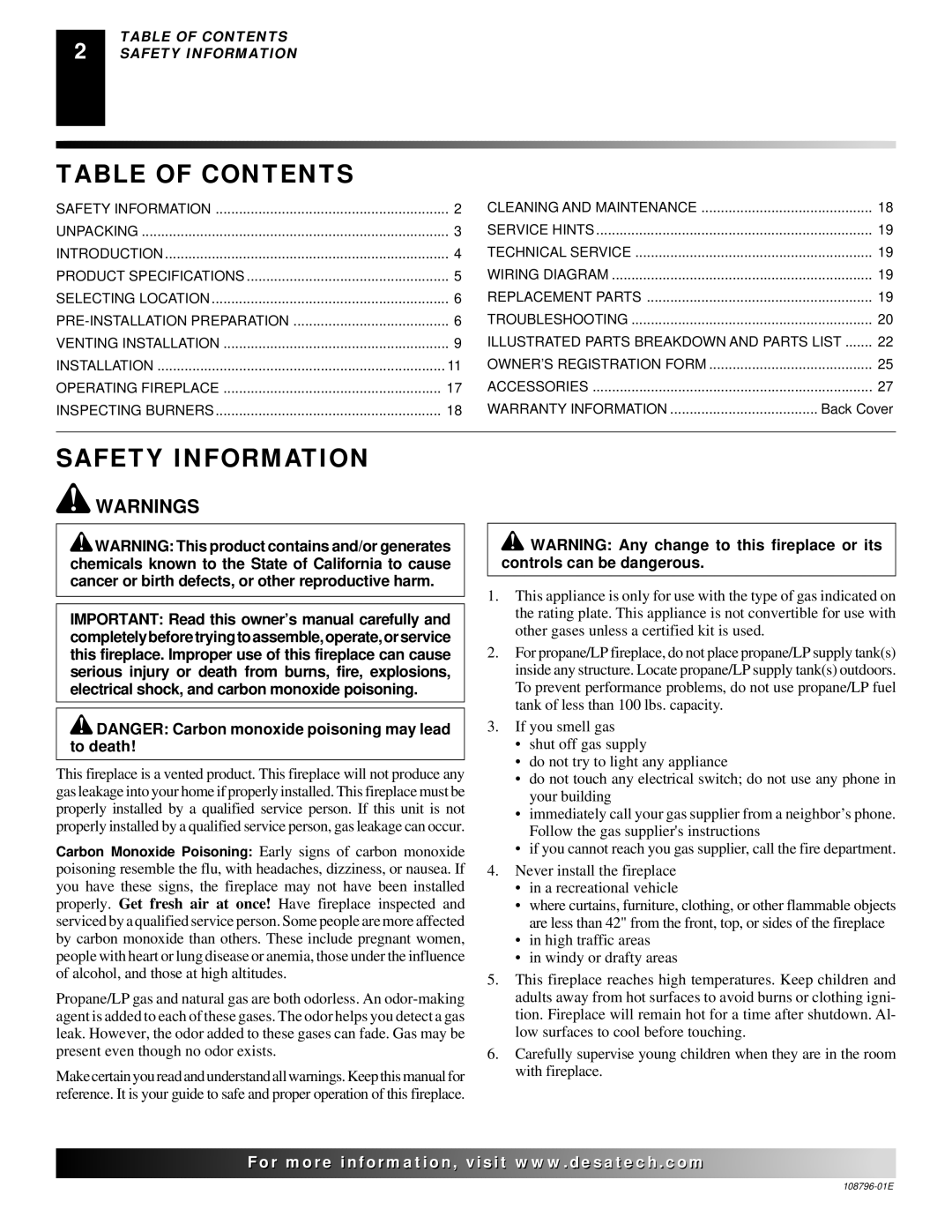 Desa VM42E(B, VM36E(B installation manual Table of Contents, Safety Information 