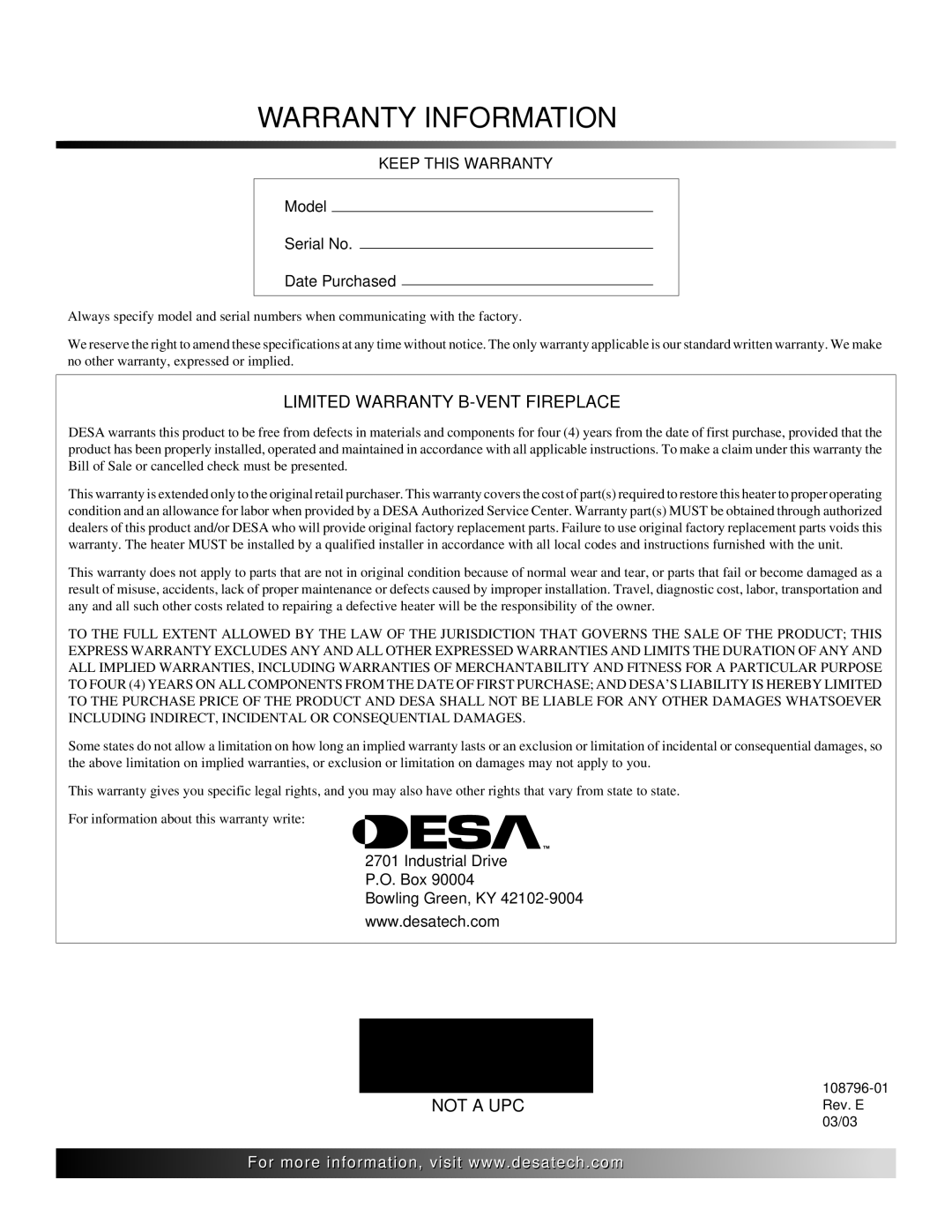 Desa VM36E(B, VM42E(B installation manual Warranty Information 