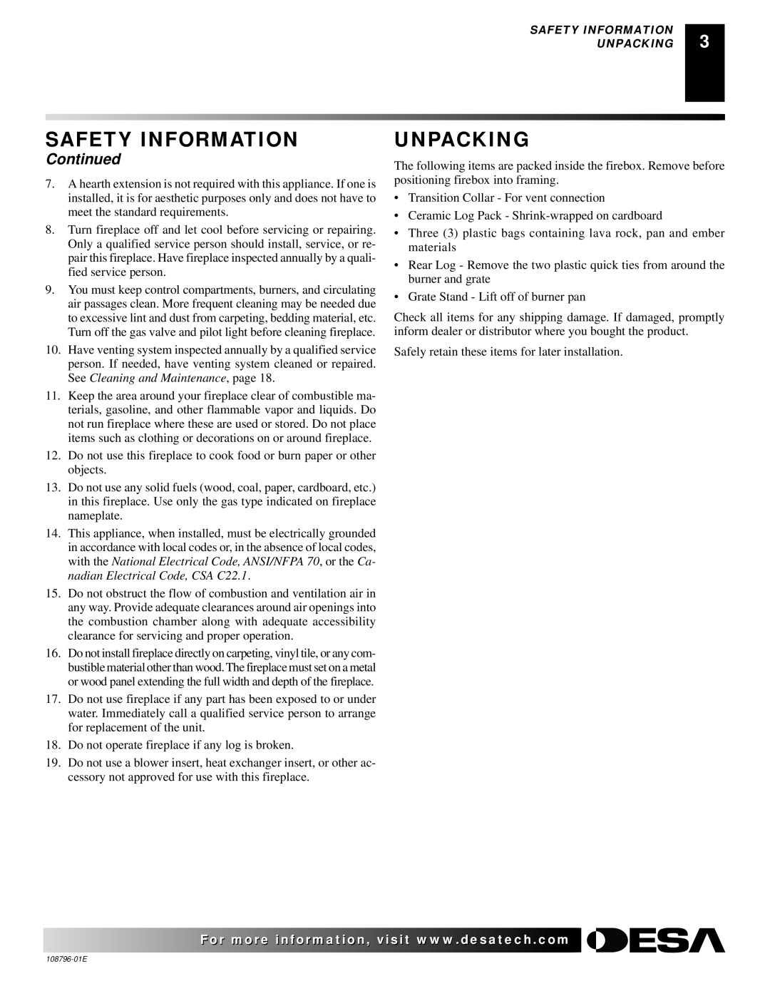 Desa VM36E(B, VM42E(B installation manual Unpacking 