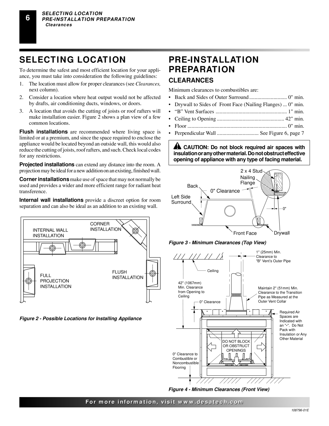 Desa VM42E(B, VM36E(B installation manual Selecting Location, PRE-INSTALLATION Preparation, Clearances 