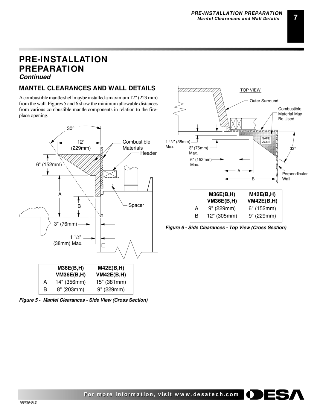 Desa VM36E(B, VM42E(B Mantel Clearances and Wall Details, M36EB,H M42EB,H VM36EB,H VM42EB,H 