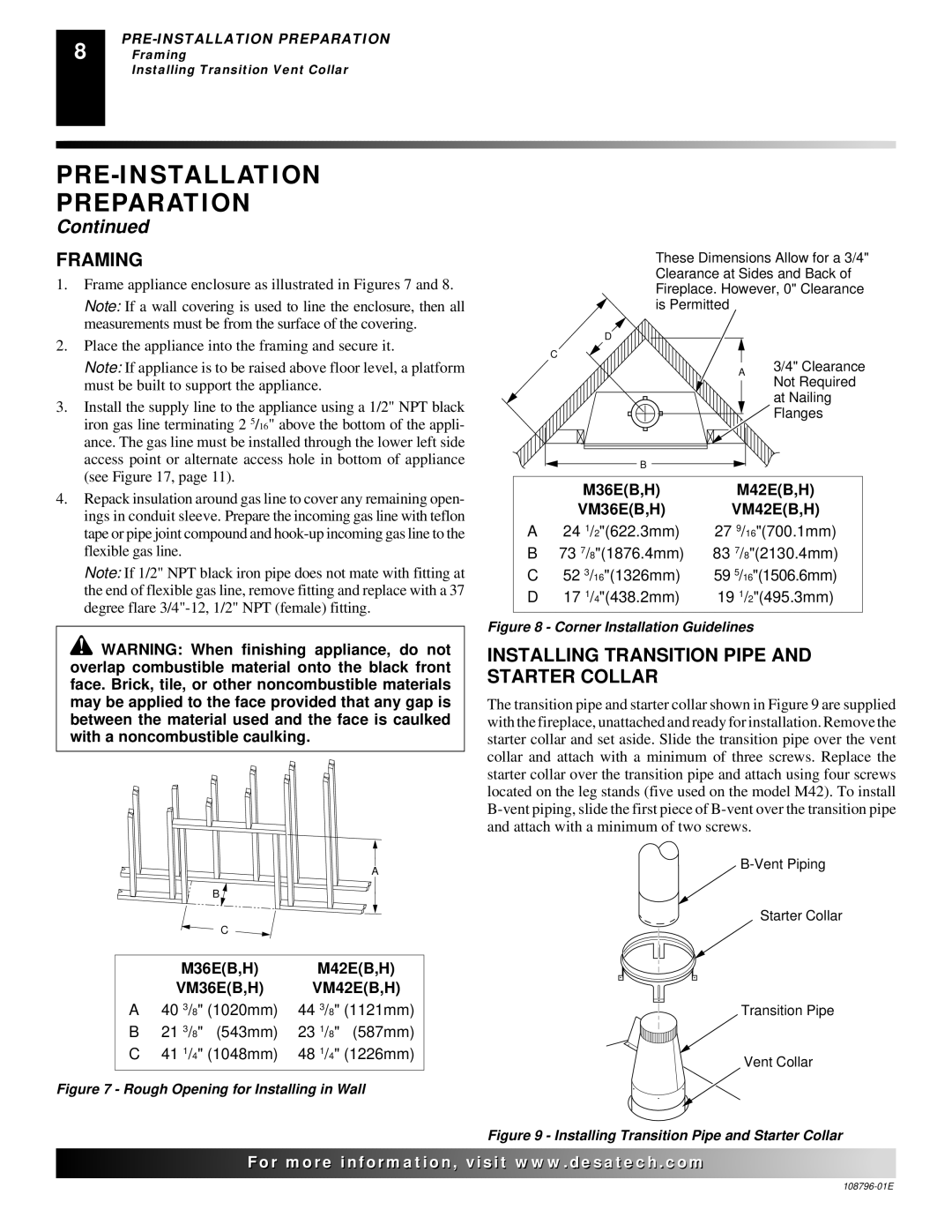 Desa VM36E(B, VM42E(B installation manual Framing, Installing Transition Pipe and Starter Collar 