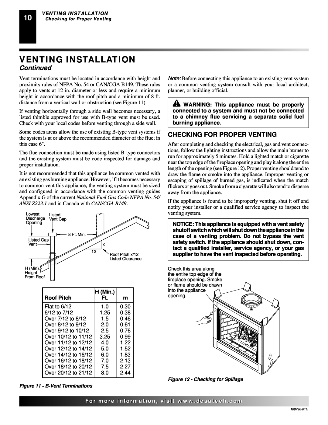 Desa VM42E(B, VM36E(B installation manual Checking For Proper Venting, Venting Installation, Continued, H Min, Roof Pitch 
