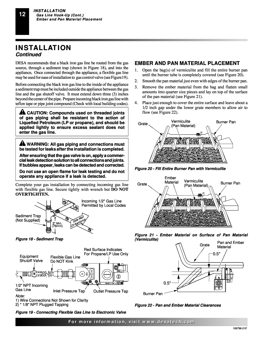 Desa VM36E(B, VM42E(B installation manual Ember And Pan Material Placement, Installation, Continued, Overtighten 