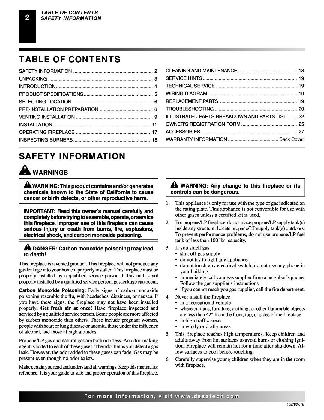 Desa VM42E(B, VM36E(B Table Of Contents, Safety Information, Warnings, DANGER Carbon monoxide poisoning may lead to death 