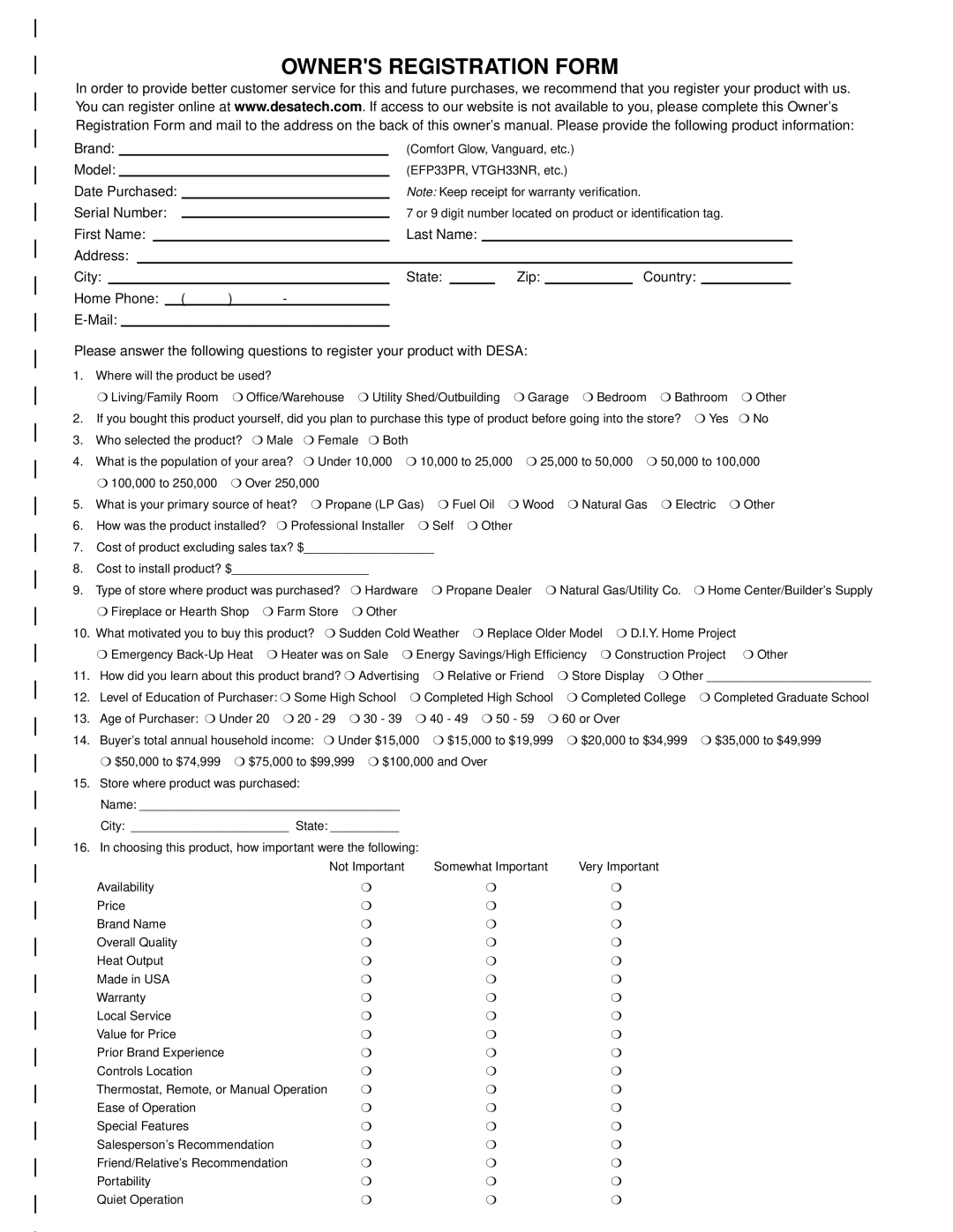 Desa VM36E(B, VM42E(B installation manual Owners Registration Form 