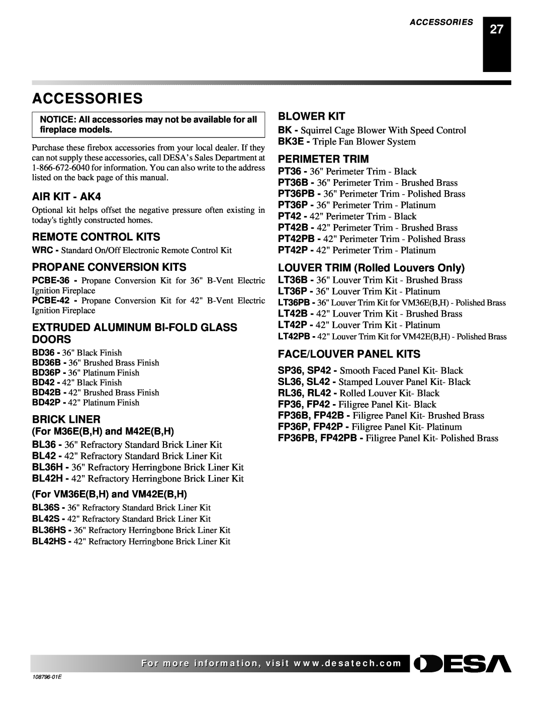Desa VM36E(B Accessories, AIR KIT - AK4, Remote Control Kits, Blower Kit, Perimeter Trim, Propane Conversion Kits 