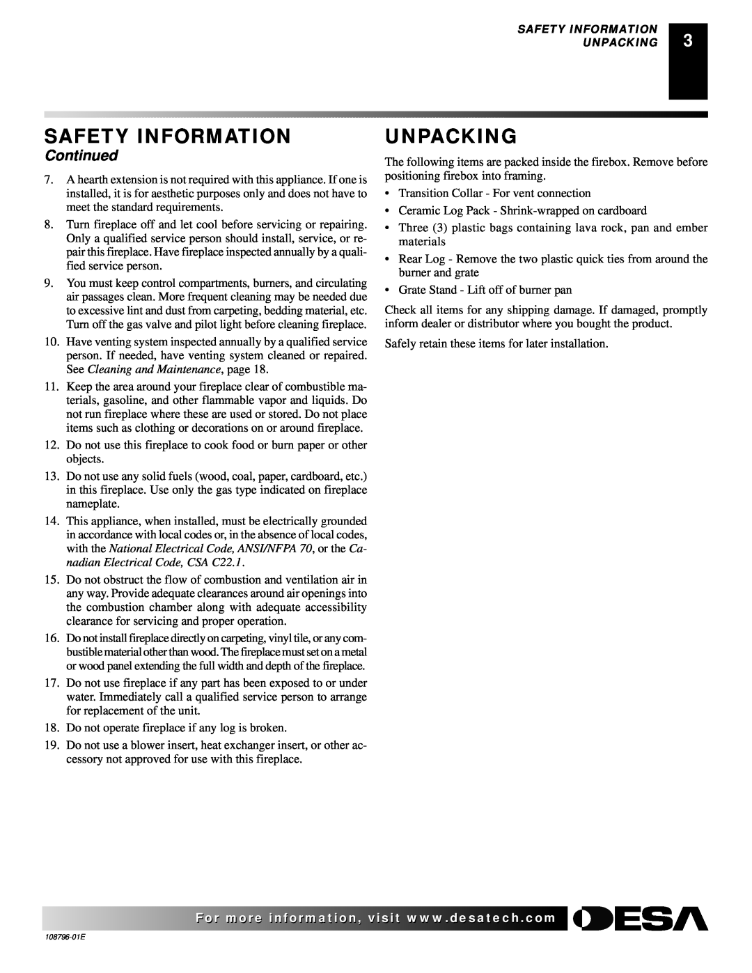 Desa VM36E(B, VM42E(B installation manual Unpacking, Continued, Safety Information 