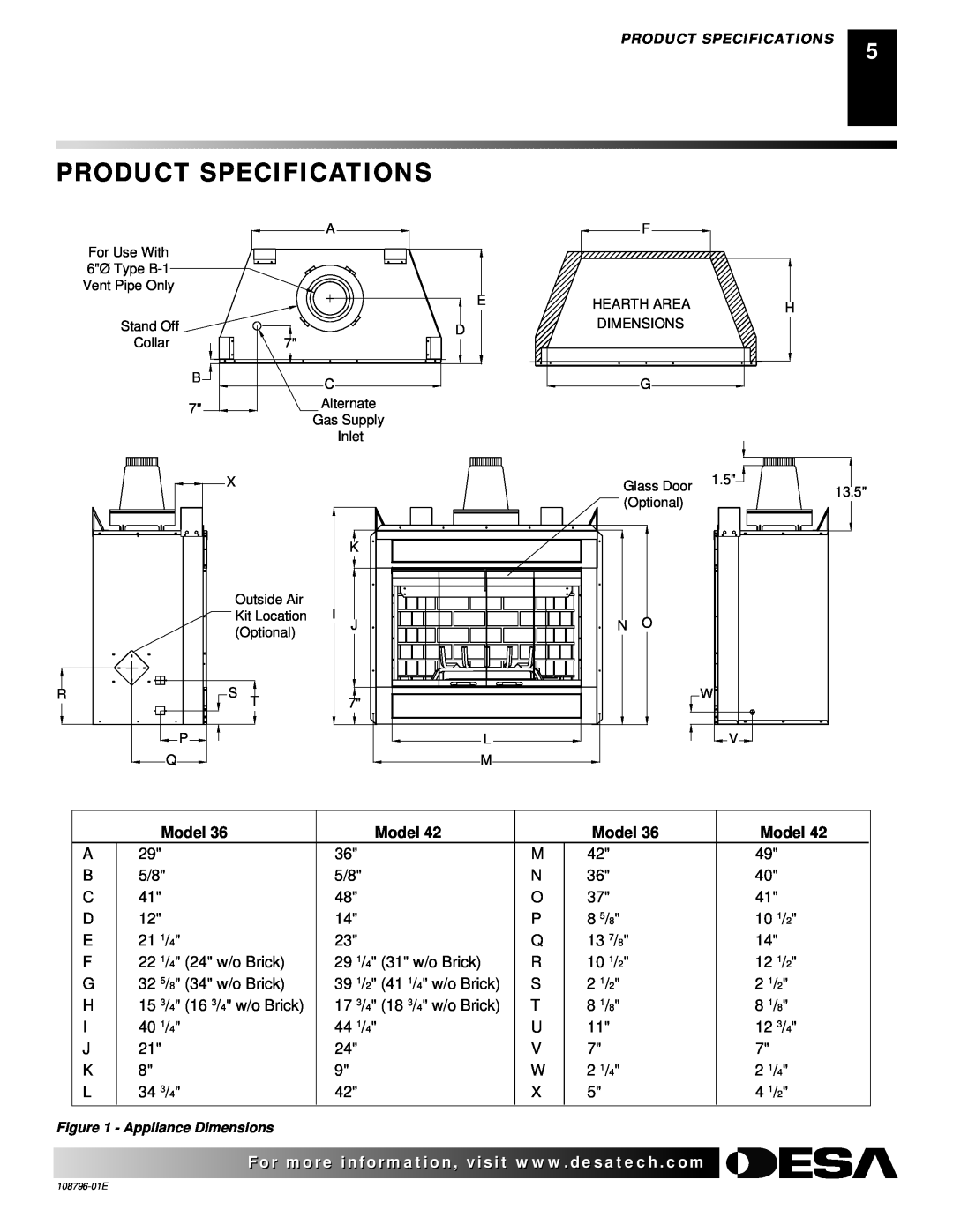 Desa VM36E(B, VM42E(B installation manual Product Specifications, Model 