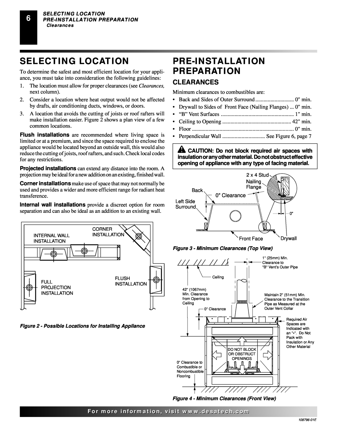 Desa VM42E(B, VM36E(B installation manual Selecting Location, Pre-Installation Preparation, Clearances 
