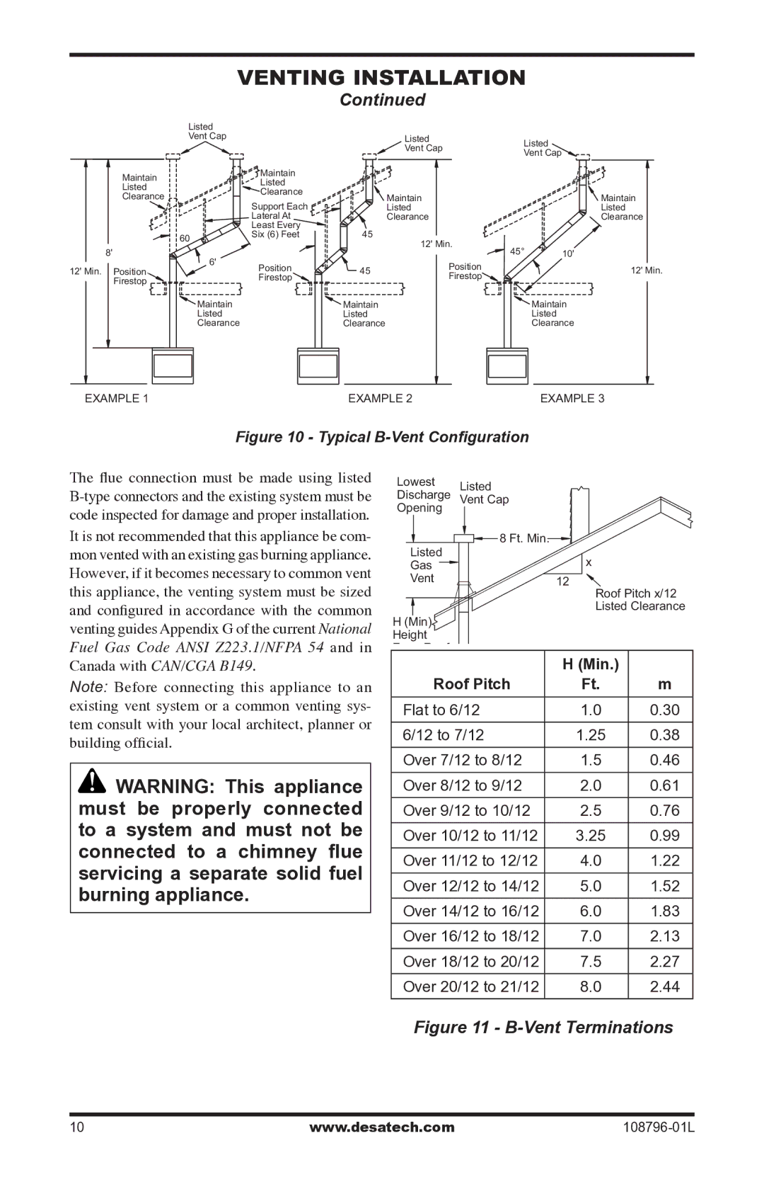 Desa Vm42eP installation manual Typical B-Vent Configuration, Roof Pitch 