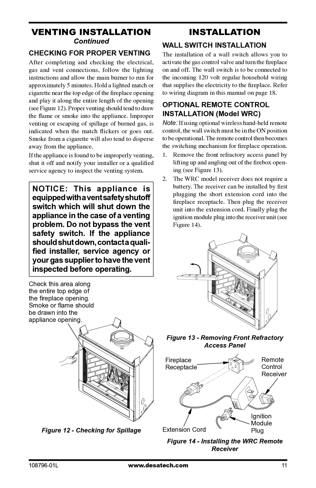 Desa Vm42eP Checking for Proper Venting, Wall Switch Installation, Optional Remote control Installation model WRC 