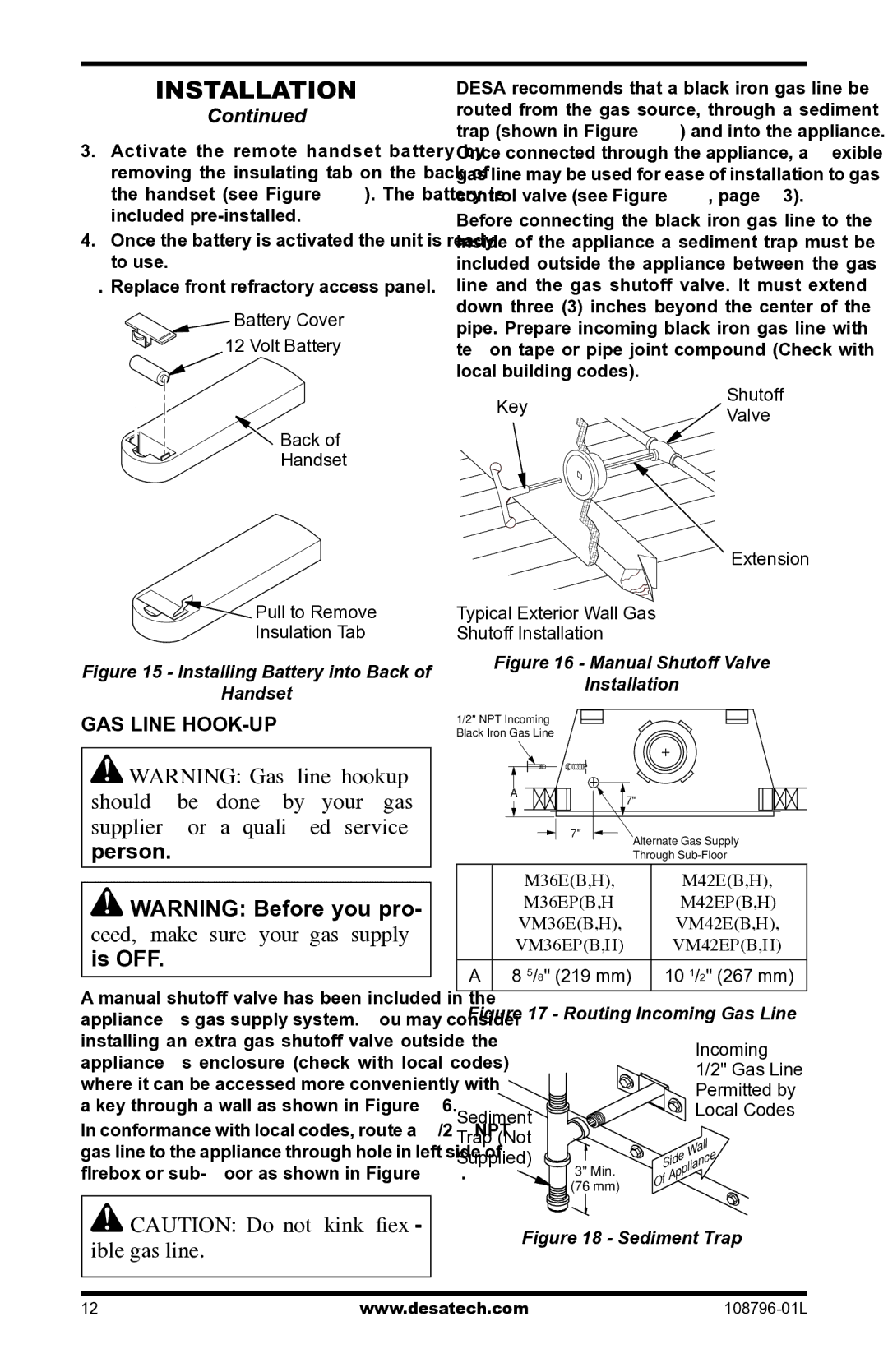 Desa Vm42eP installation manual GAS Line HOOK-UP, M42EPB,H, VM36EB,H 