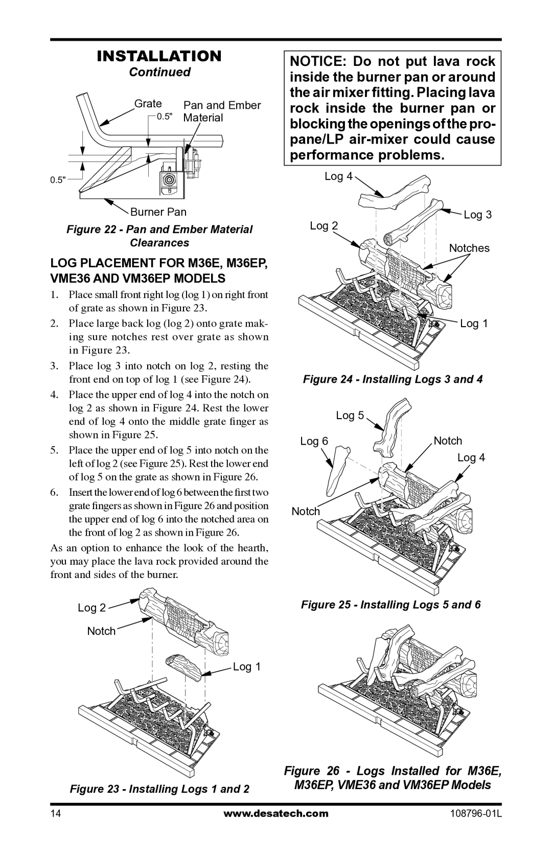 Desa Vm42eP LOG Placement For M36E, M36EP, VME36 and VM36EP Models, Grate Pan and Ember Material Burner Pan, Log Notch 