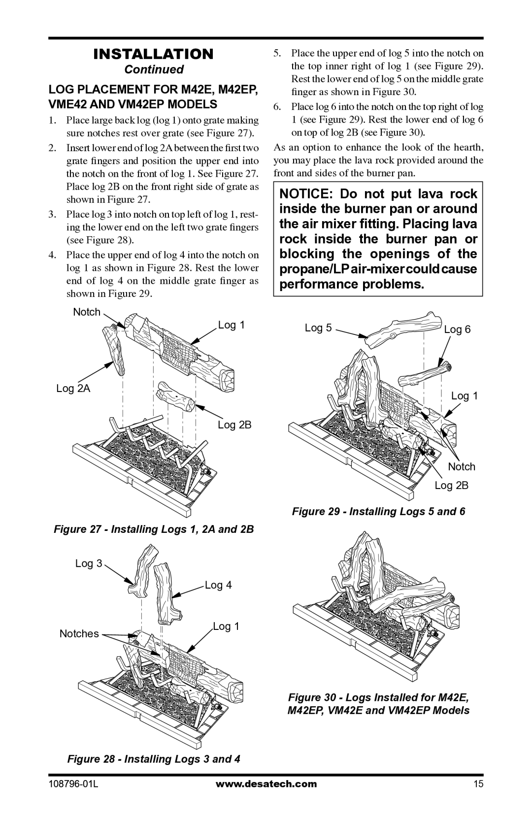 Desa Vm42eP LOG Placement For M42E, M42EP, VME42 and VM42EP Models, Notch Log Log 2A Log 2B, Log Notches, Log Notch Log 2B 