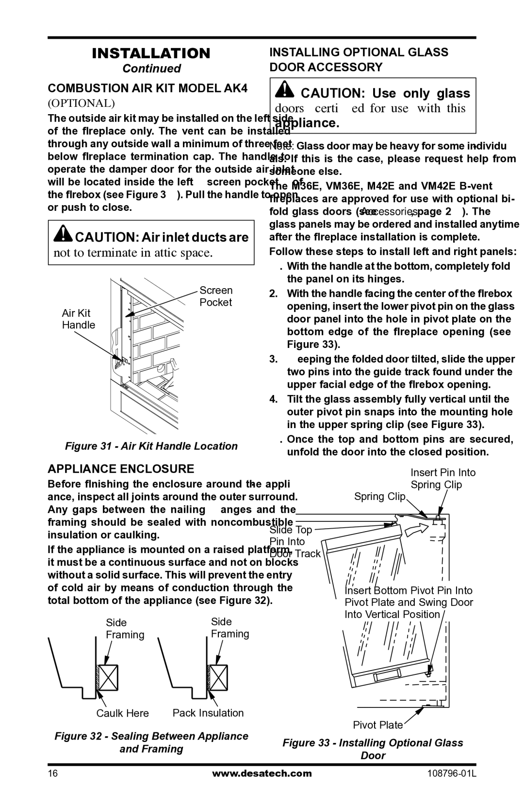 Desa Vm42eP Combustion AIR KIT Model AK4 Optional, Appliance Enclosure, Installing optional Glass Door Accessory 