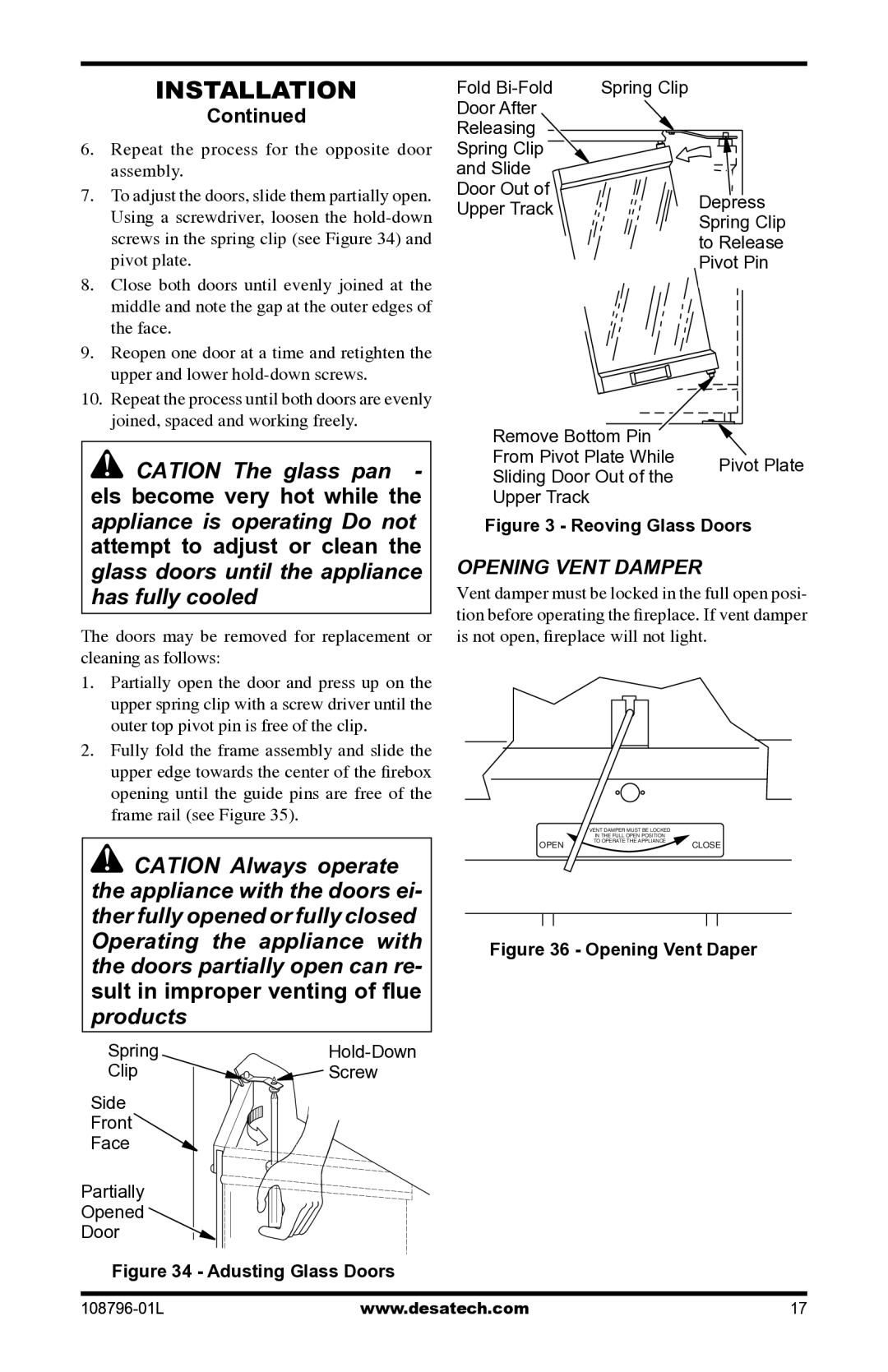 Desa Vm42eP installation manual Opening Vent Damper, Spring, Clip Screw Side Front Face Partially Opened Door 