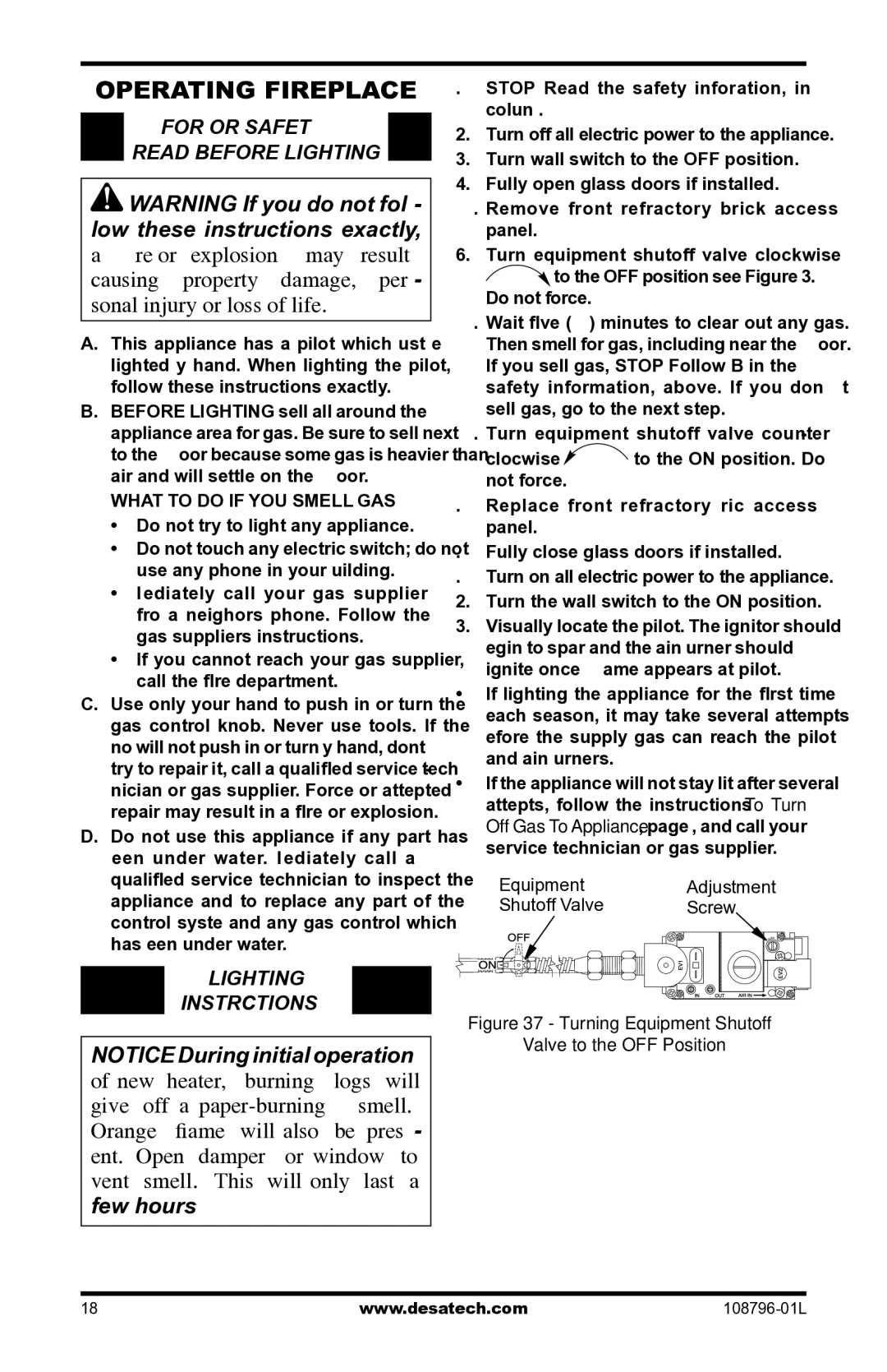 Desa Vm42eP installation manual Operating Fireplace, For Your Safety Read Before Lighting, Lighting Instructions, Equipment 