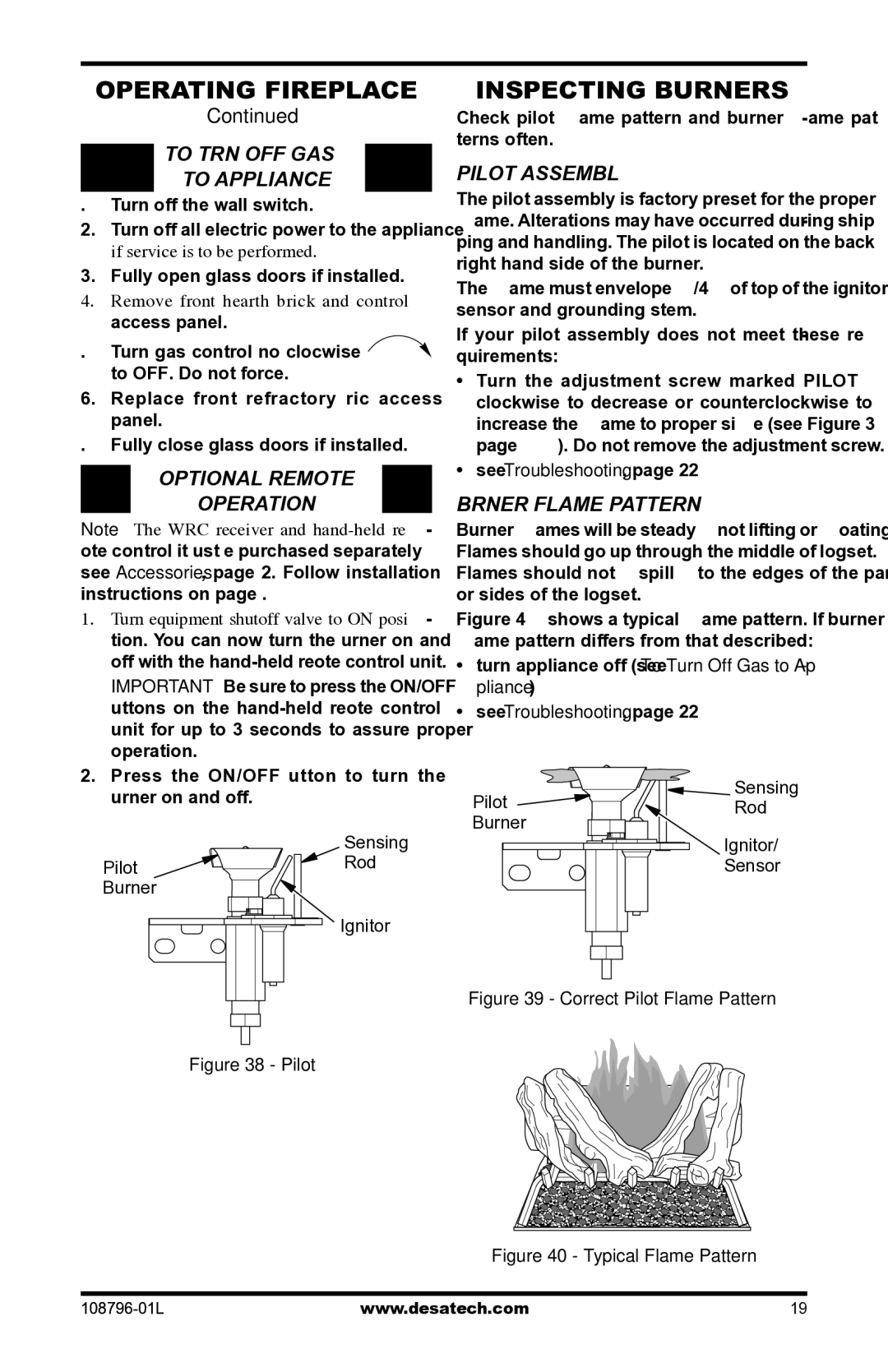 Desa Vm42eP installation manual Inspecting Burners, To Turn OFF GAS To Appliance, Optional Remote Operation, Pilot Assembly 