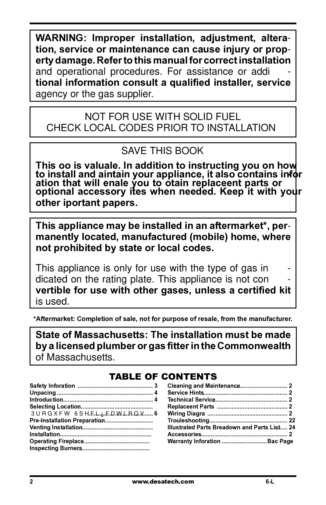 Desa Vm42eP installation manual Table of Contents 