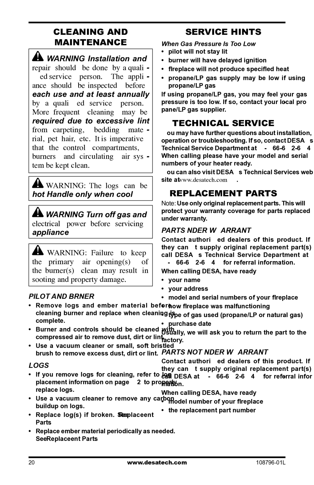 Desa Vm42eP installation manual Cleaning Maintenance, Service Hints, Technical Service, Replacement Parts 