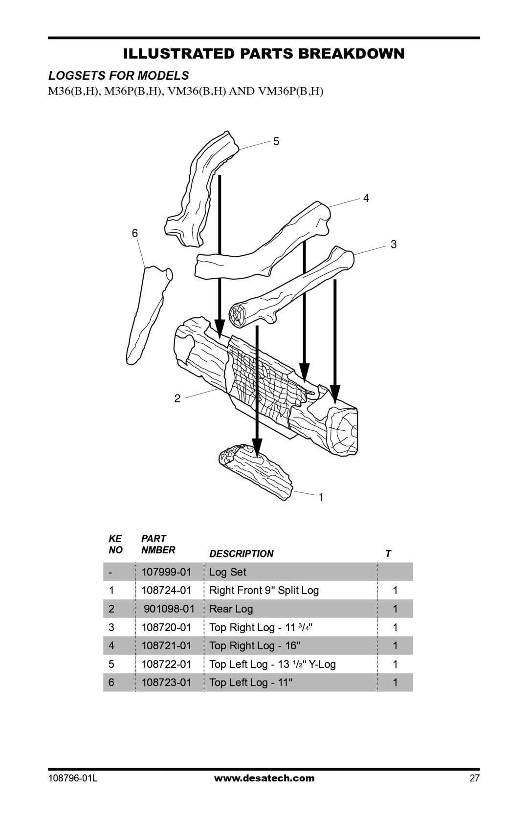 Desa Vm42eP installation manual Logsets for models M36B,H, M36PB,H, VM36B,H and VM36PB,H, Top Left Log 